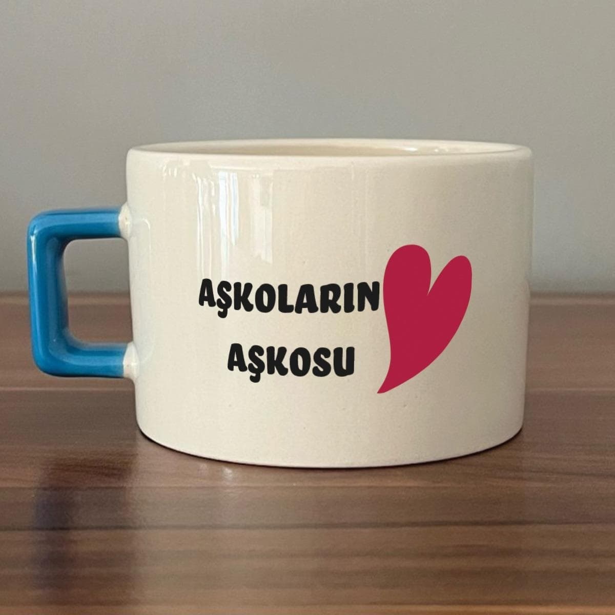 Aşkoların Aşkosu Baskılı Mavi Kulplu Kare Espresso Sevgililer Günü Fincanı