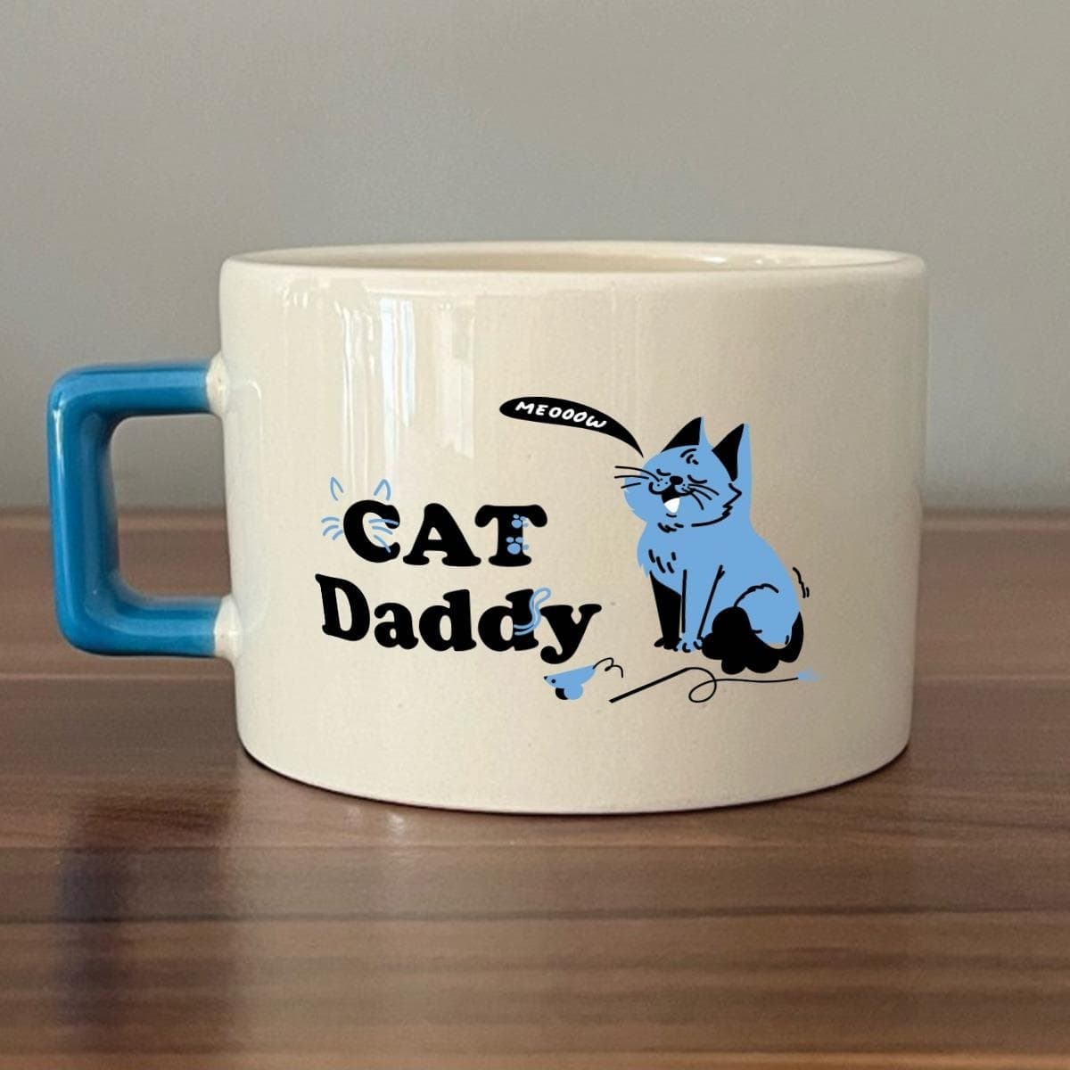 Cat Daddy Baskılı Mavi Kulplu Kare Espresso Fincanı