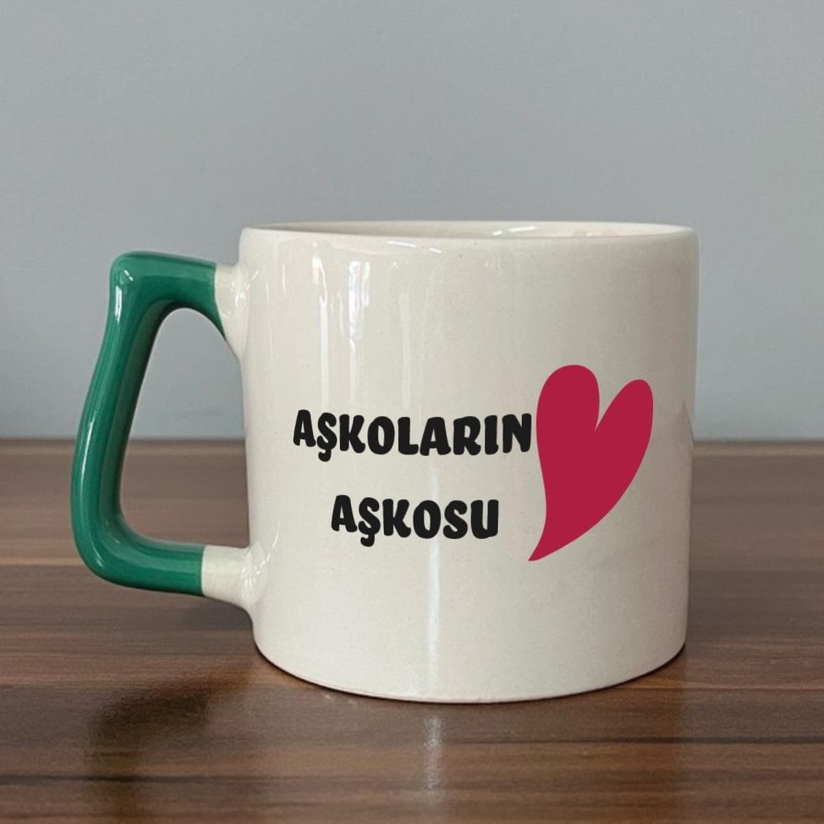 Mor Mürekkep Aşkoların Aşkosu Baskılı Yeşil Kulplu Prime Sevgililer Günü Kupası