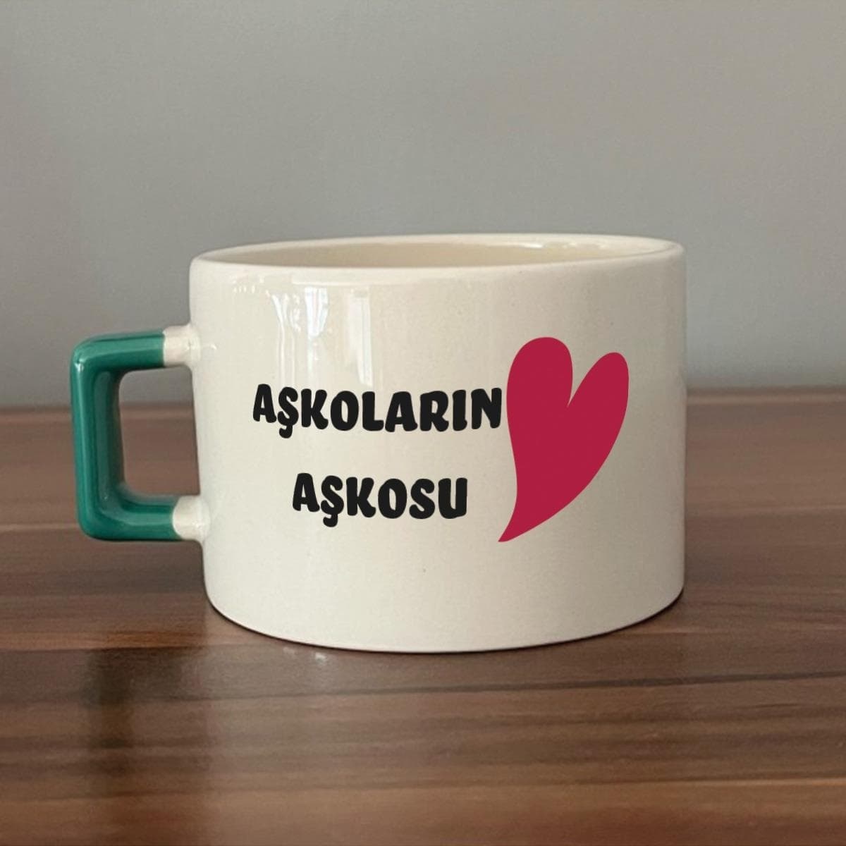 Aşkoların Aşkosu Baskılı Yeşil Kulplu Kare Espresso Sevgililer Günü Fincanı