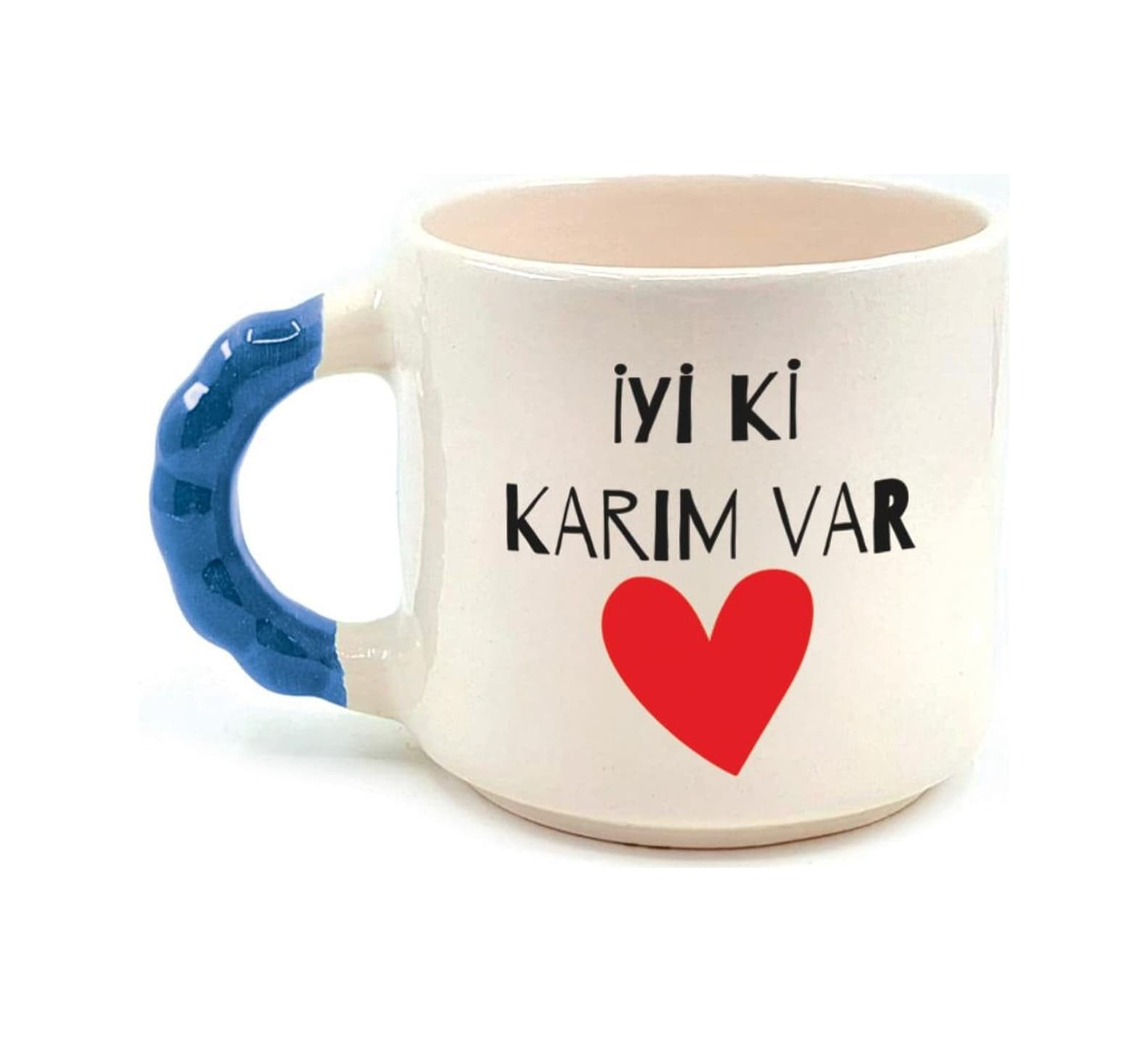 İyi Ki Karım Var Baskılı Mavi Kulplu Boncuk Sevgililer Günü Kupası