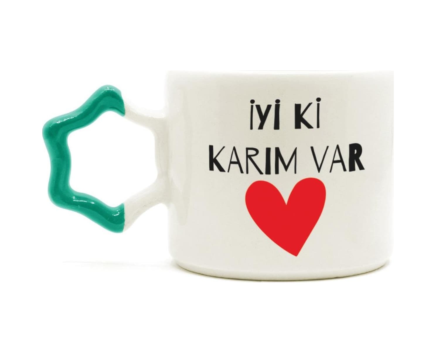 İyi Ki Karım Var Baskılı Yeşil Kulplu Yıldız Sevgililer Günü Kupası