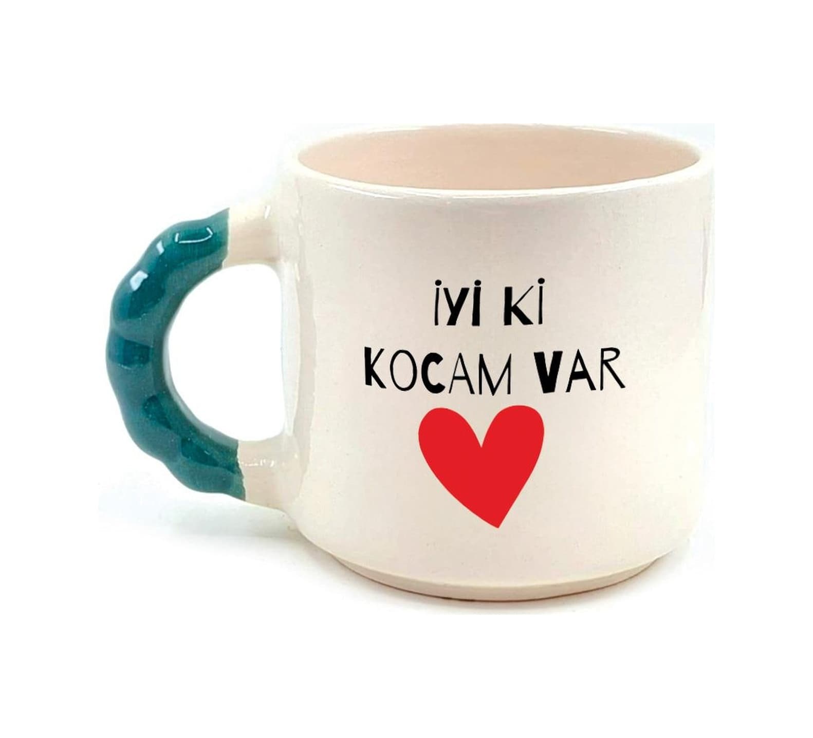 İyi Ki Kocam Var Baskılı Yeşil Kulplu Boncuk Sevgililer Günü Kupası