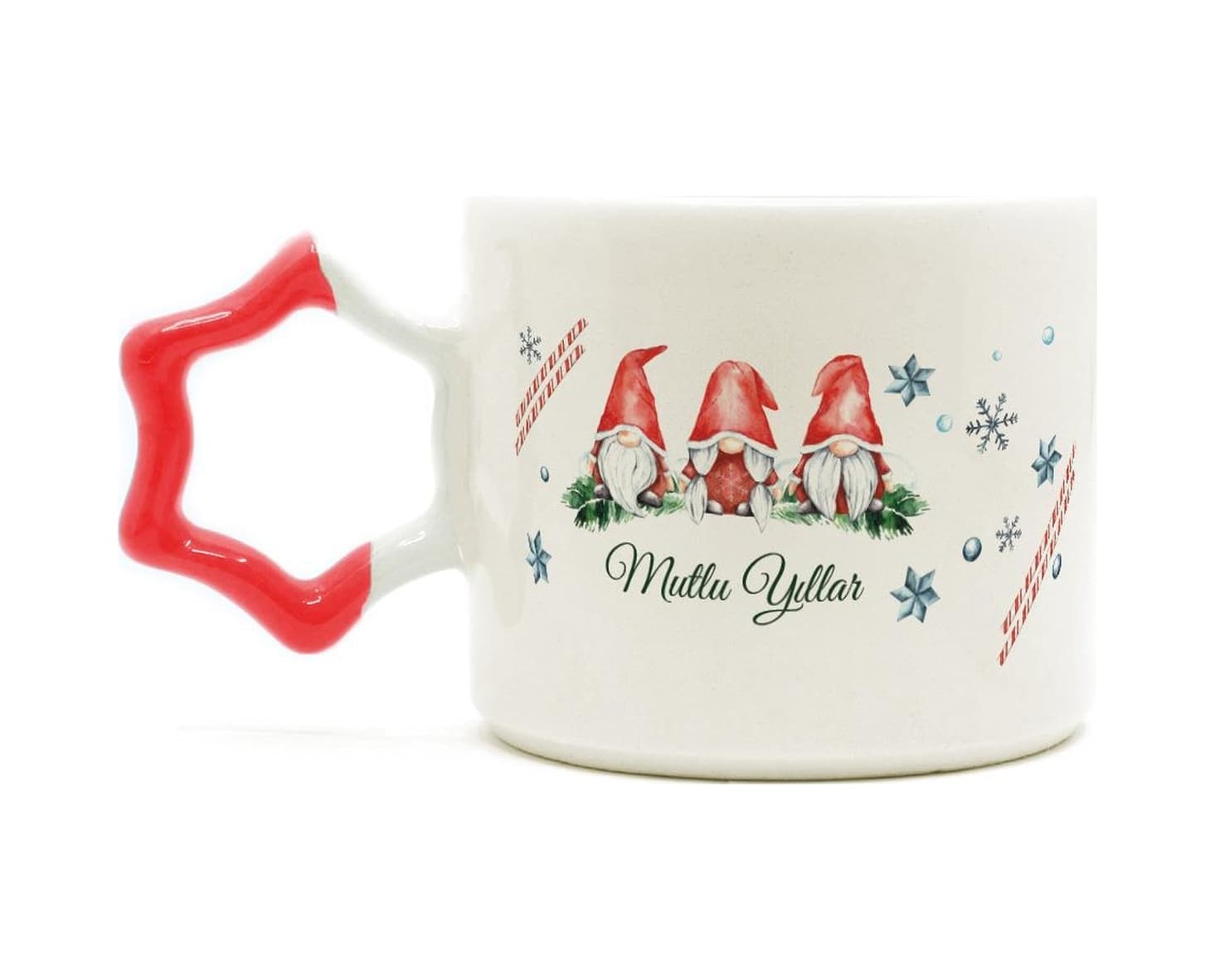 Mutlu Yıllar 3 Noel Baba Baskılı Kırmızı Kulplu Yıldız Yılbaşı Kupası