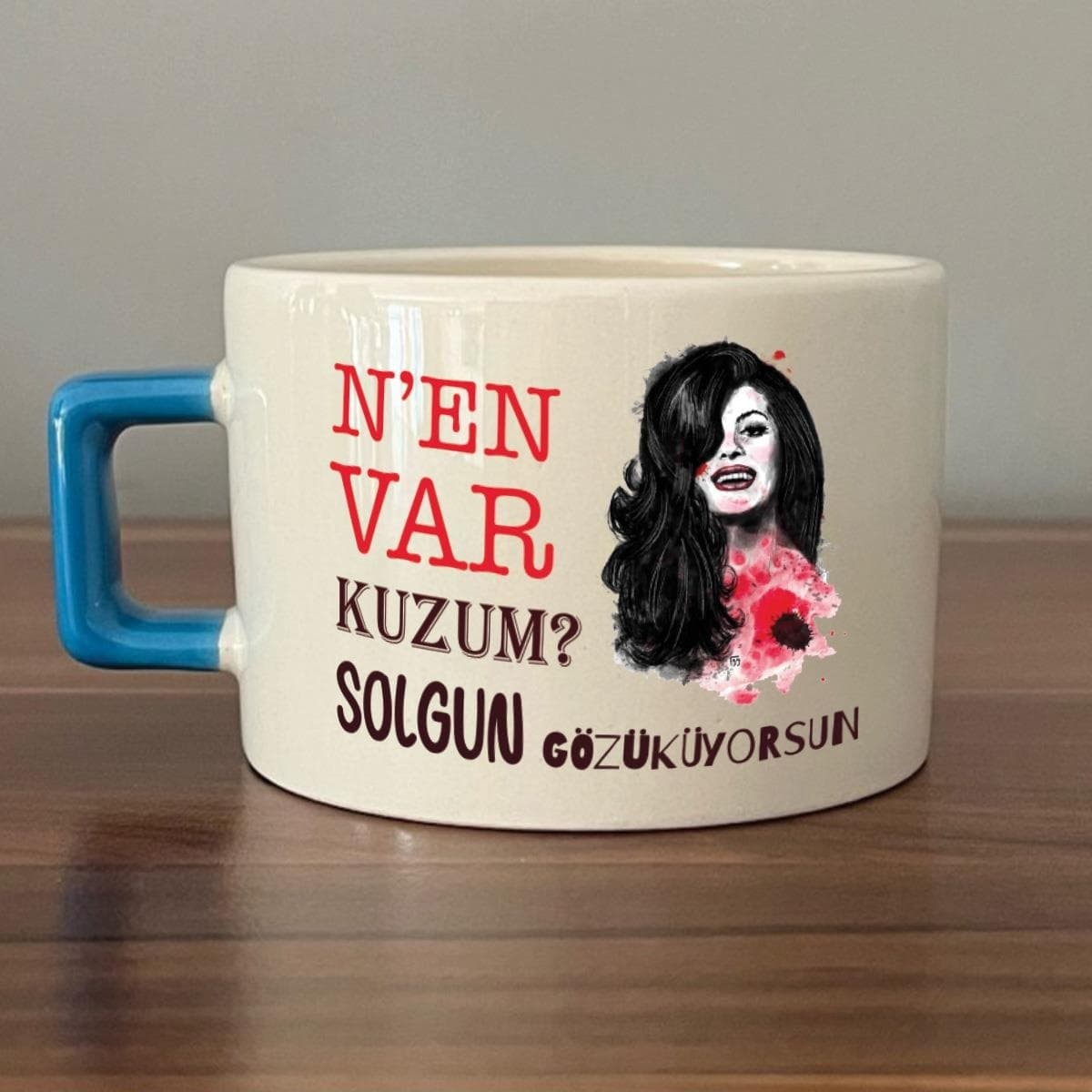 Nen Var Kuzum Baskılı Mavi Kulplu Kare Espresso Fincanı