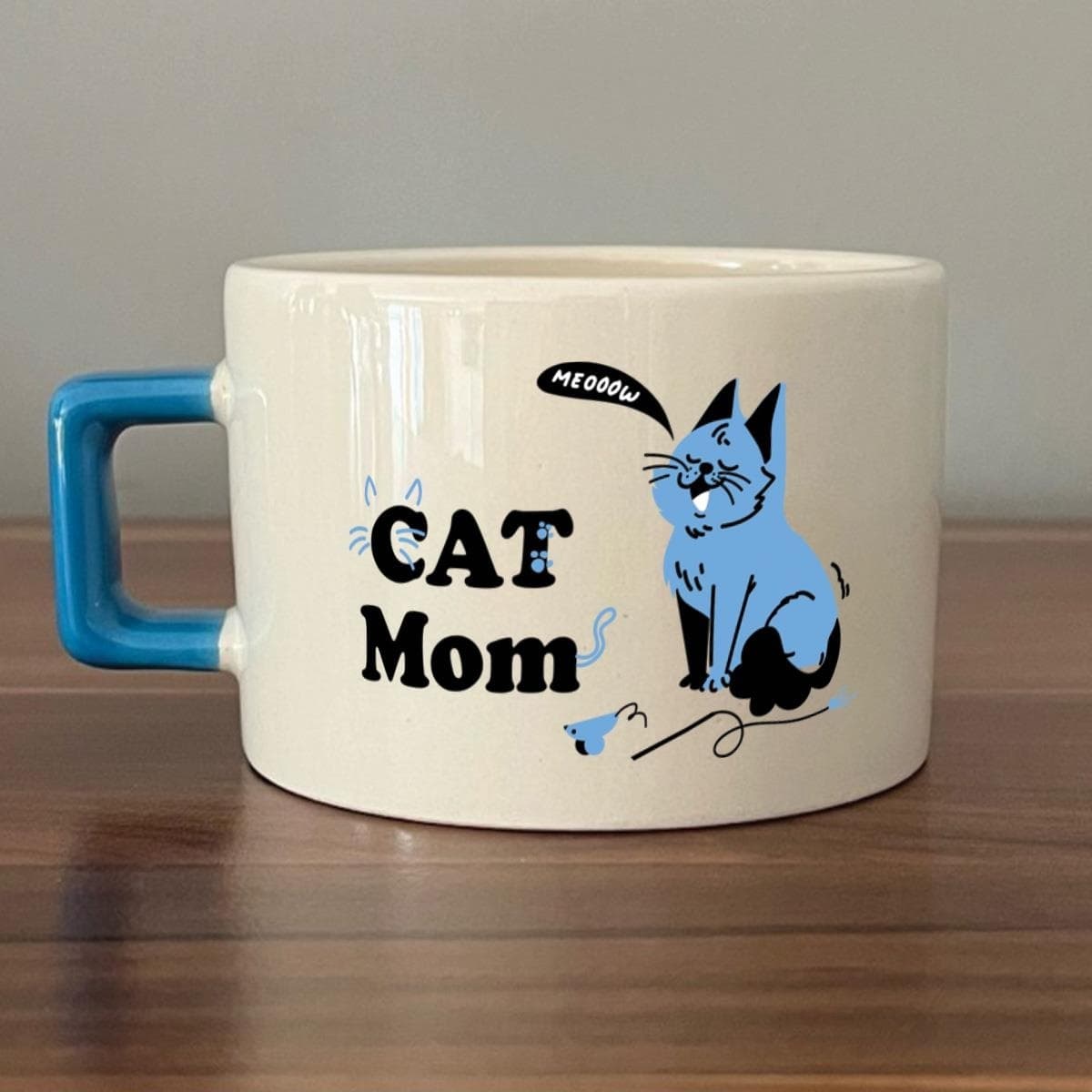 Cat Mom Baskılı Mavi Kulplu Kare Espresso Fincanı