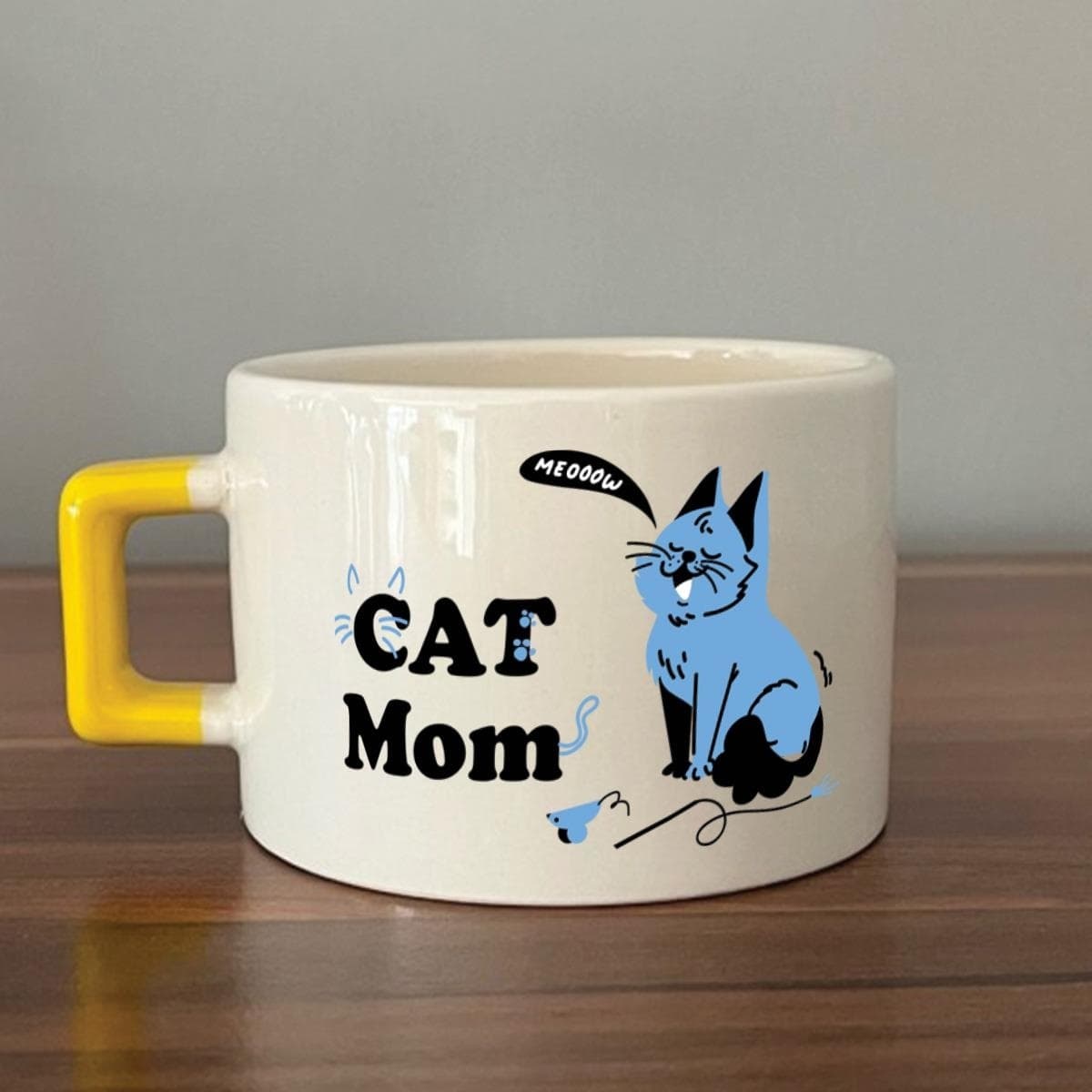 Cat Mom Baskılı Sarı Kulplu Kare Espresso Fincanı