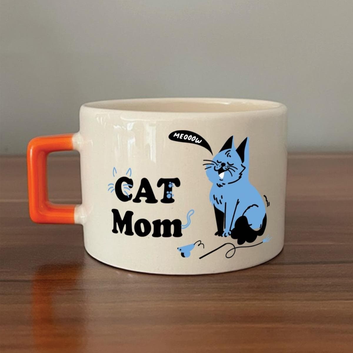 Cat Mom Baskılı Turuncu Kulplu Kare Espresso Fincanı