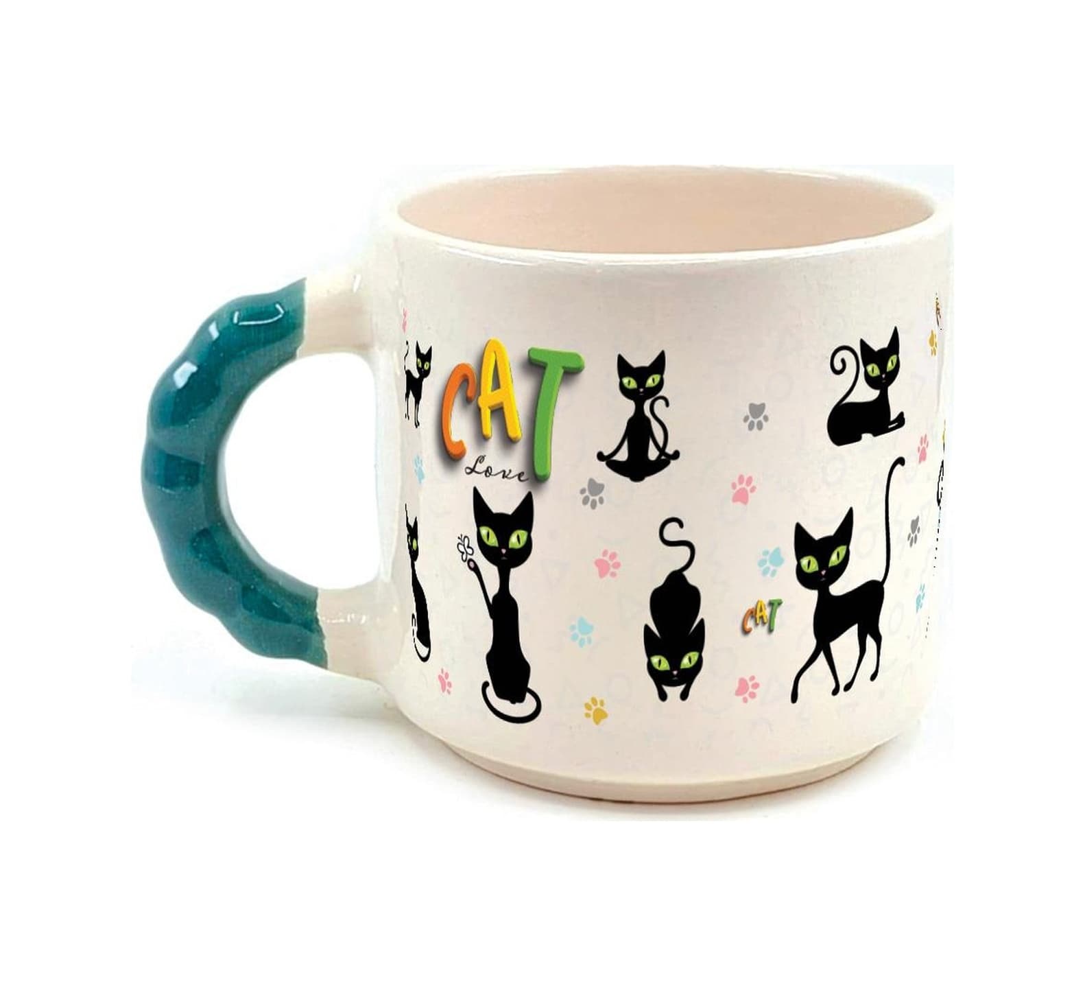 Cat Love Baskılı Yeşil Kulplu Boncuk Kupa