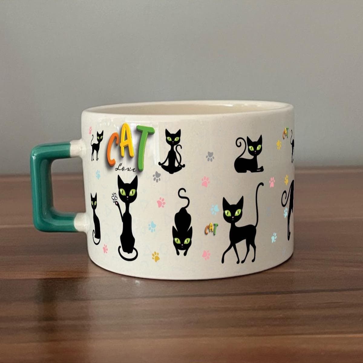 Cat Love Baskılı Yeşil Kulplu Kare Espresso Fincanı