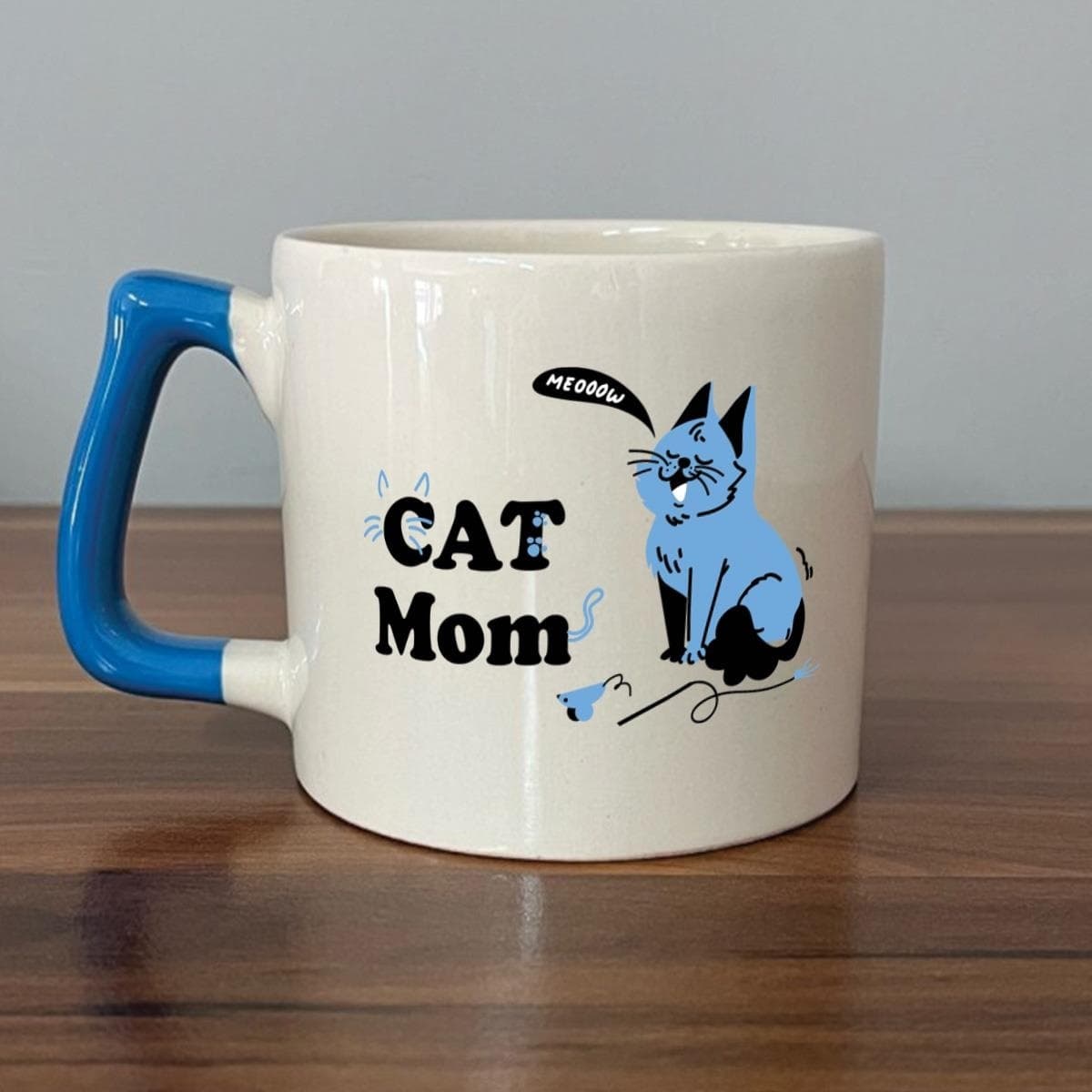 Cat Mom Baskılı Mavi Kulplu Prime Kupa