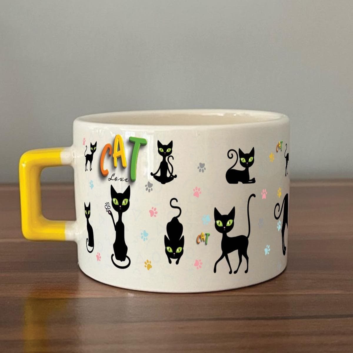 Cat Love Baskılı Sarı Kulplu Kare Espresso Fincanı