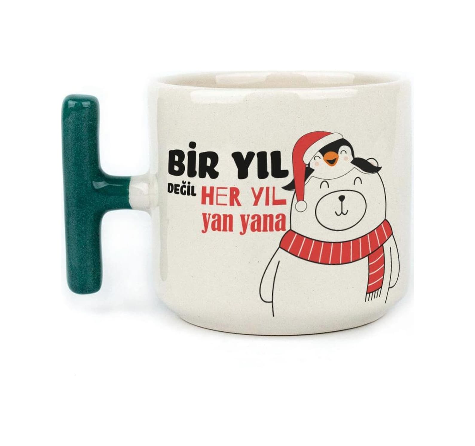 Bir Yıl Değil Her Yıl Yan Yana Penguen Baskılı Yeşil Kulplu T Yılbaşı Kupası