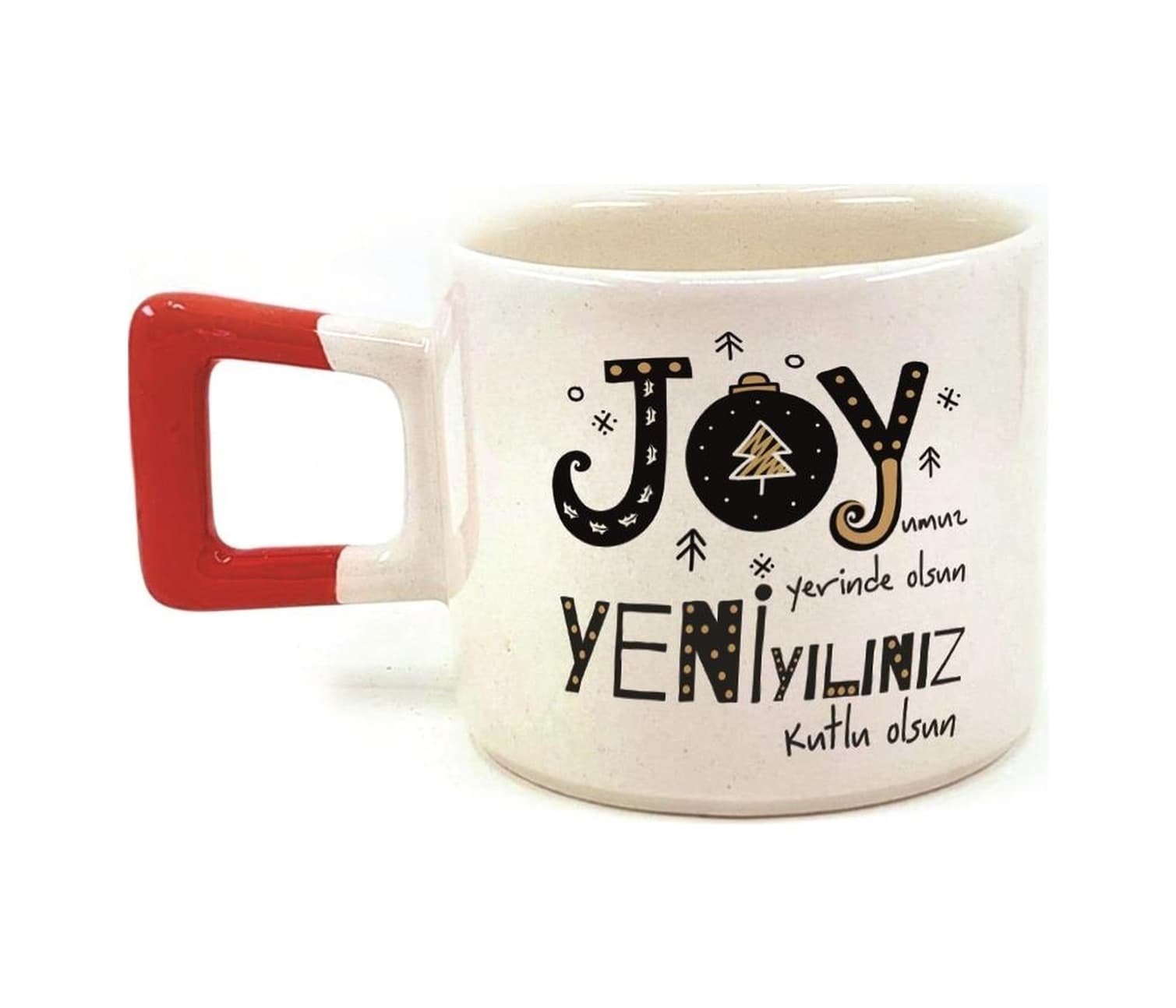 Joyumuz Yerinde Olsun Baskılı Kırmızı Kulplu Kare Yılbaşı Kupası