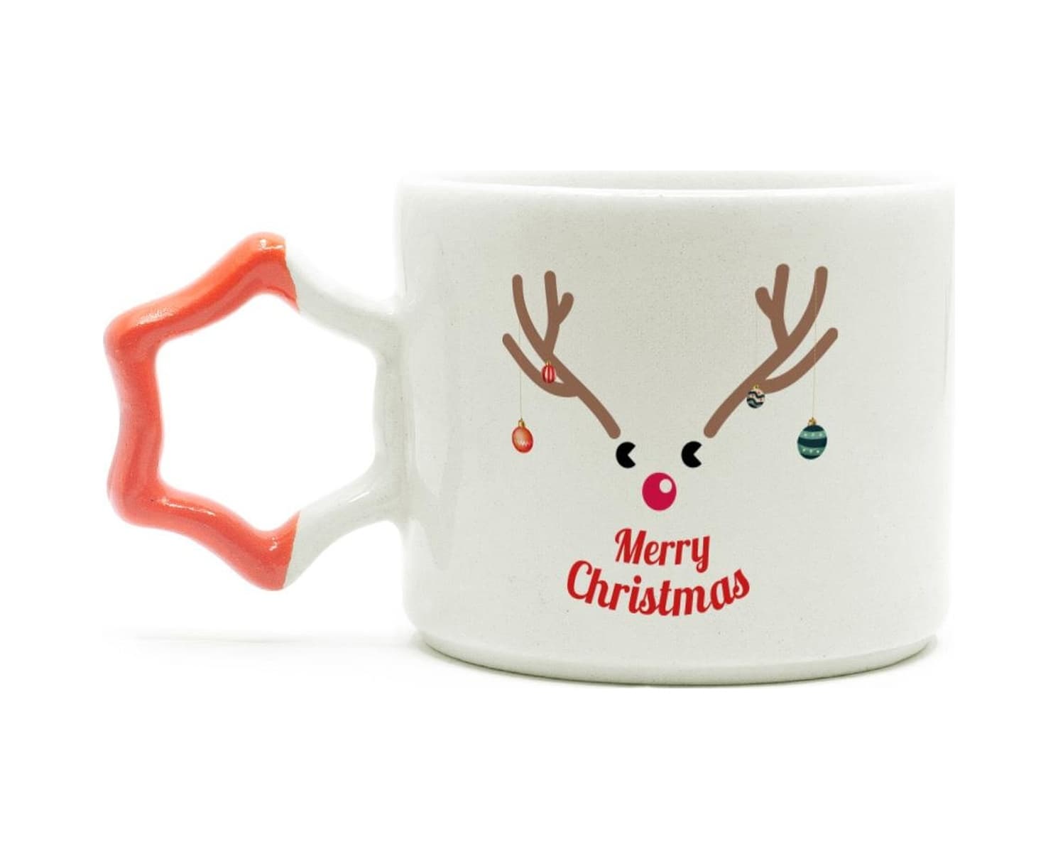 Merry Christmas Geyik Baskılı Turuncu Kulplu Yıldız Yılbaşı Kupası