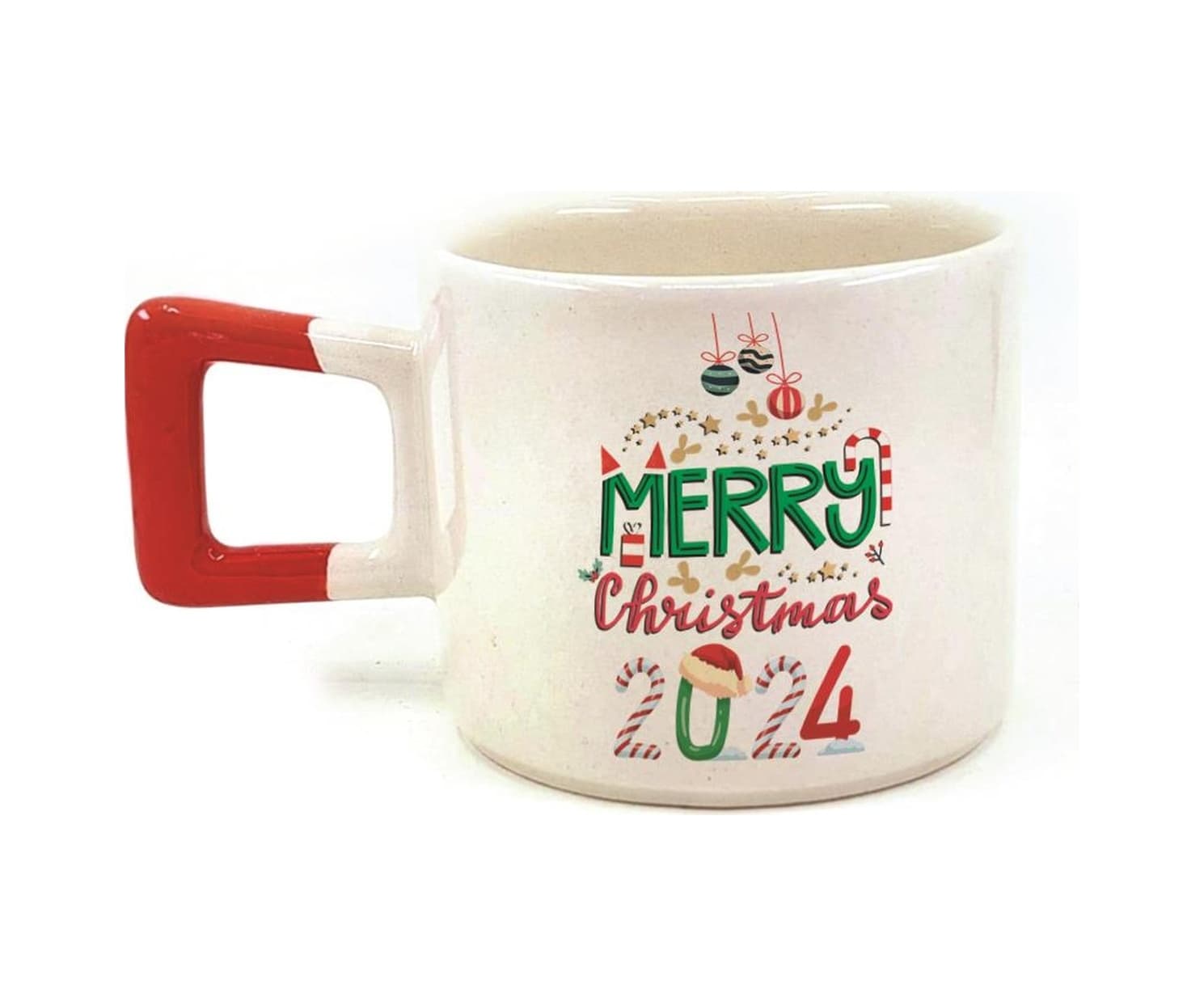 Merry Christmas 2024 Baskılı Kırmızı Kulplu Kare Yılbaşı Kupası