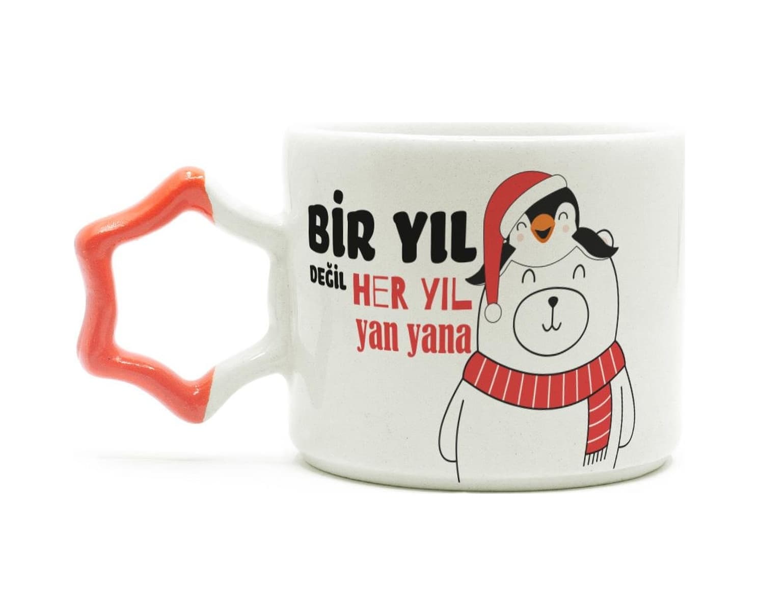 Bir Yıl Değil Her Yıl Yan Yana Penguen Baskılı Turuncu Kulplu Yıldız Yılbaşı Kupası