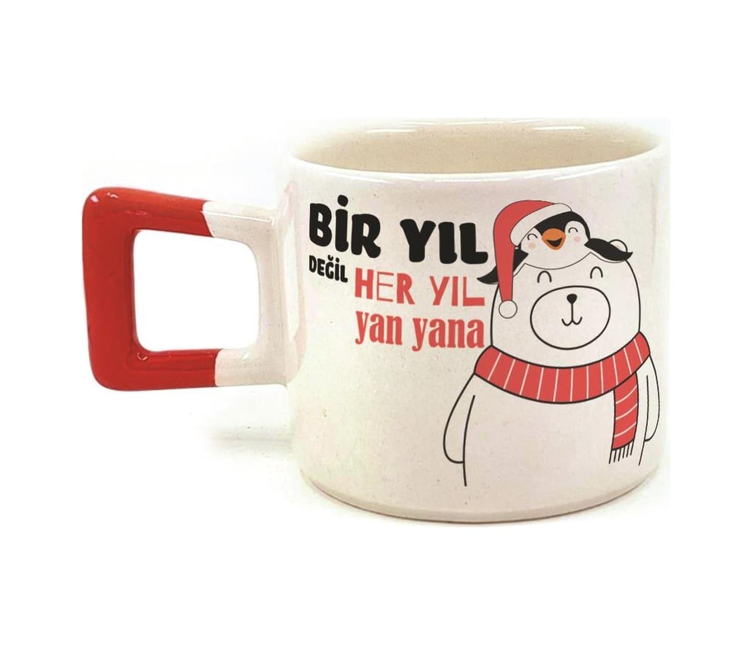 Bir Yıl Değil Her Yıl Yan Yana Penguen Baskılı Kırmızı Kulplu Kare Yılbaşı Kupası