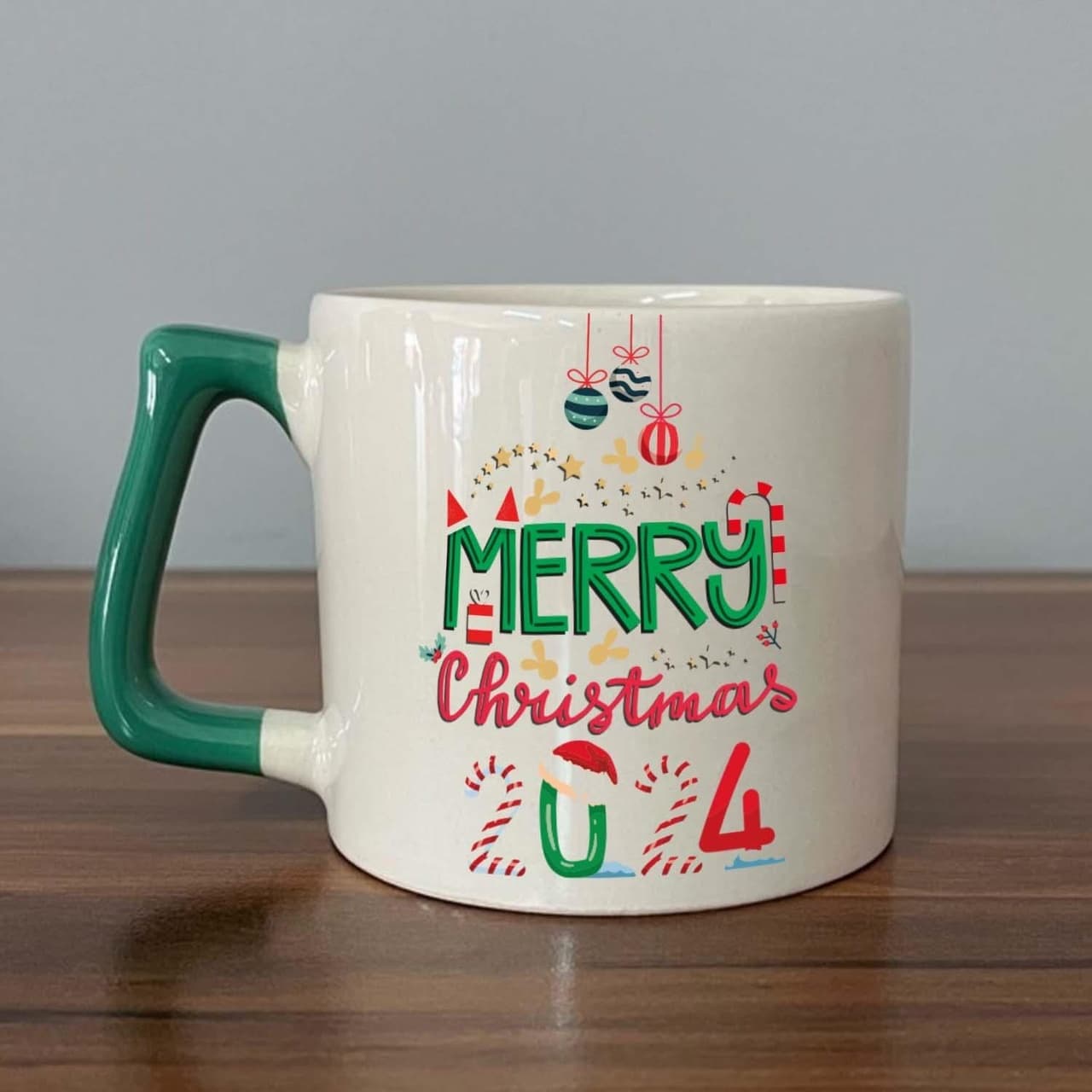 Merry Christmas 2024 Baskılı Yeşil Kulplu Prime Yılbaşı Kupası
