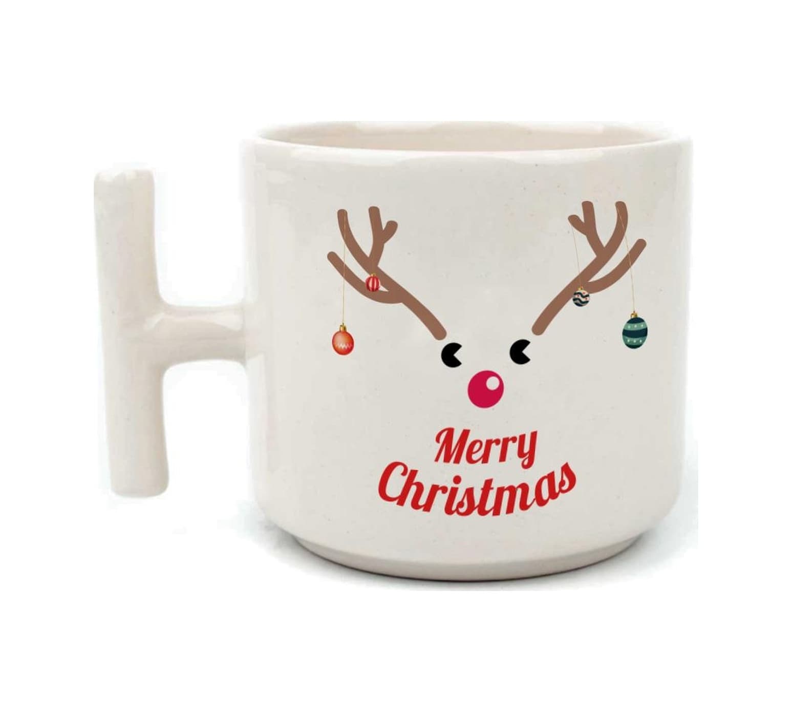Merry Christmas Geyik Baskılı Beyaz Kulplu T Yılbaşı Kupası