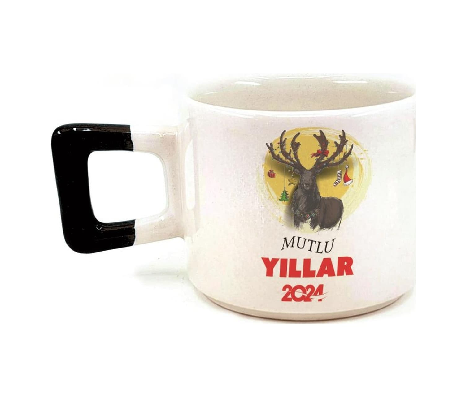 Mutlu Yıllar 2024 Geyik Baskılı Siyah Kulplu Kare Yılbaşı Kupası