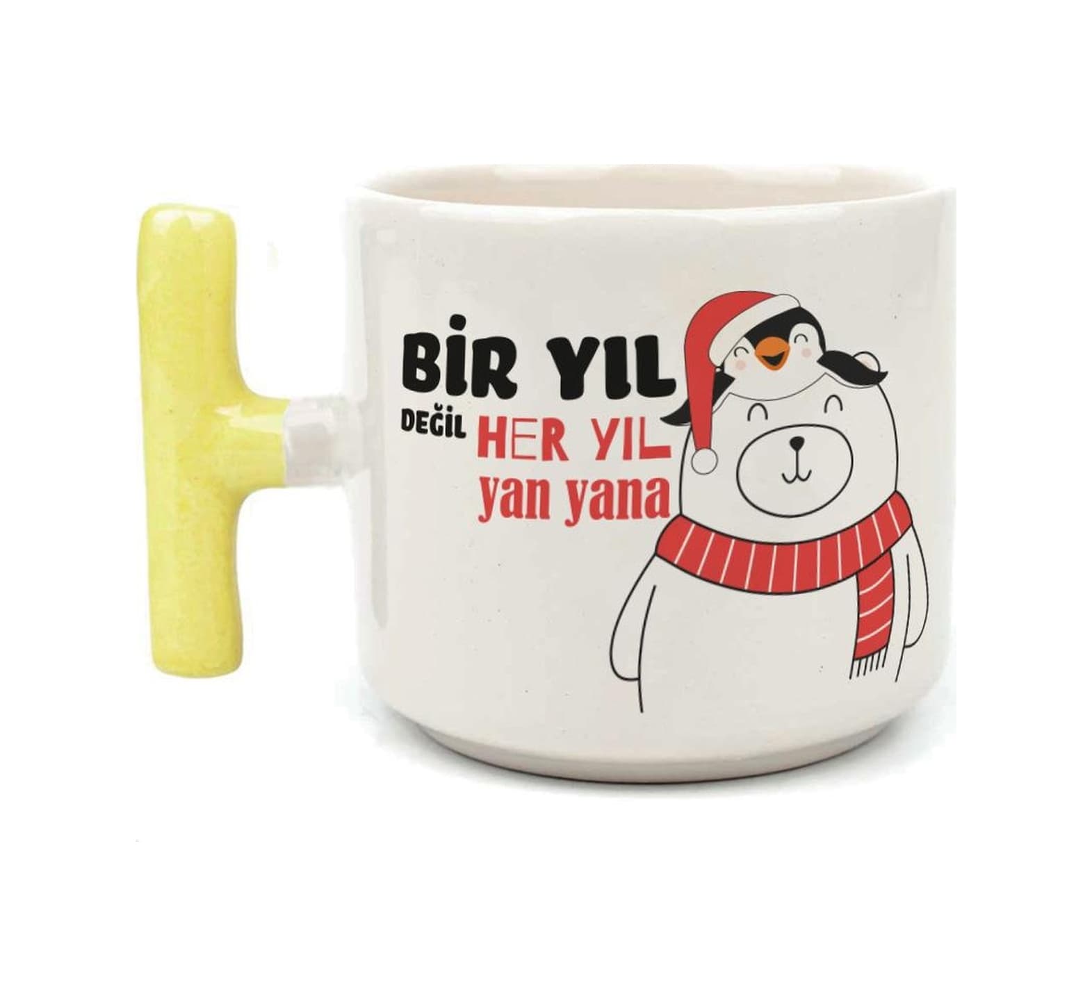 Bir Yıl Değil Her Yıl Yan Yana Penguen Baskılı Sarı Kulplu T Yılbaşı Kupası