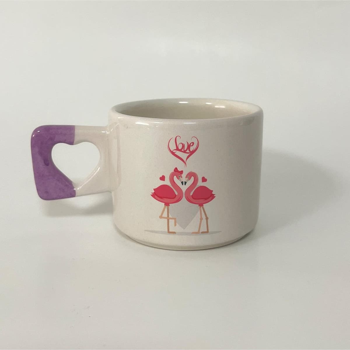 Love Flamingolar Baskılı Mor Kulplu Kalp Kupa