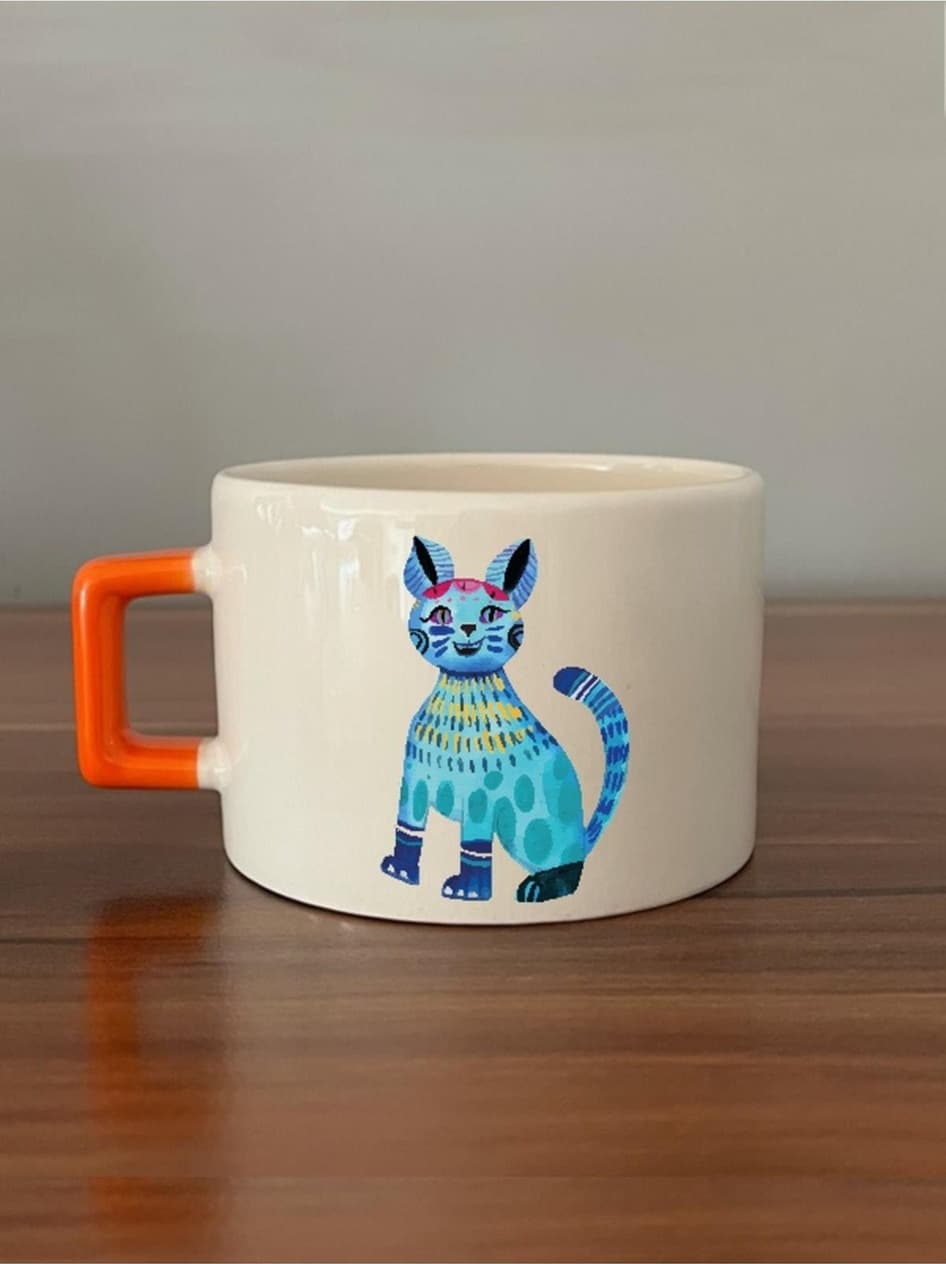 Mavi Kedi Baskılı Turuncu Kulplu Kare Espresso Fincanı