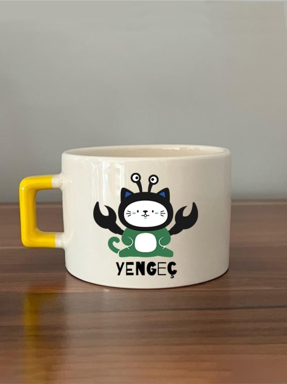 Yengeç Burcu Ve Onla Alakalı Komik Açıklama Simgesi Baskılı Sarı Yeşil Kedili Kare Espresso Fincanı