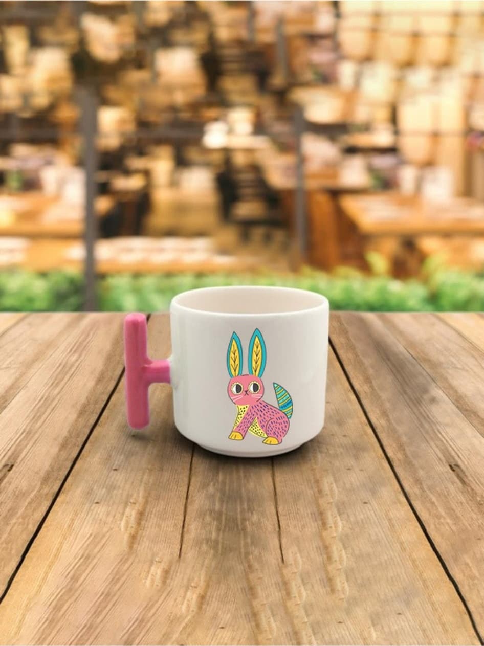 Latte Fincanı Tavşan Baskılı Pembe Kulplu T Kupa