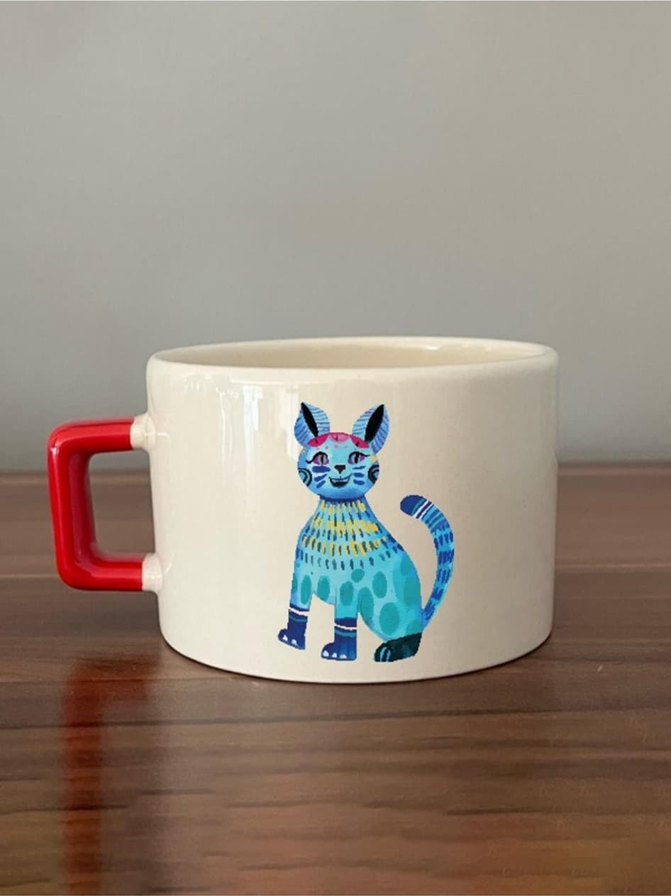 Neşeli Meksika Motifli Mavi Kedi Desenli Kırmızı Kulplu Kare Espresso Fincanı