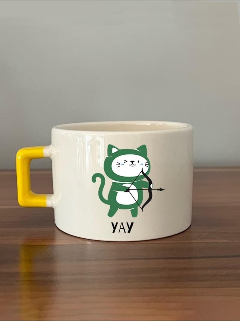 Yay Burcu Ve Onla Alakalı Komik Açıklama Simgesi Baskılı Sarı Kare Espresso Yeşil Kedili Fincan