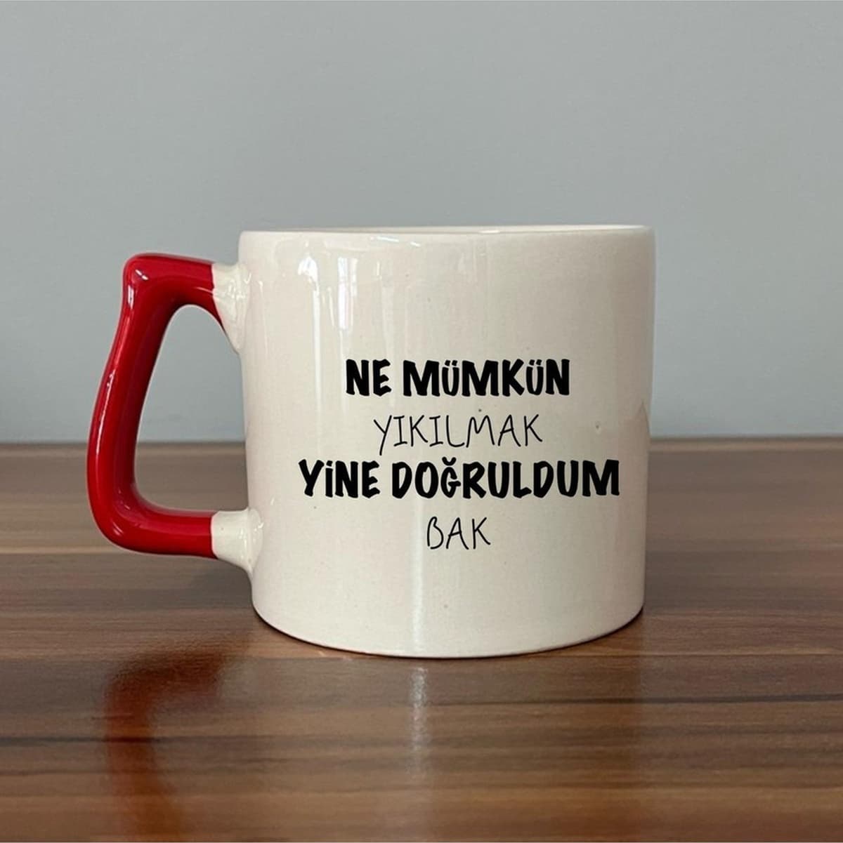 "Ne Mümkün Yıkılmak Yine Doğruldum Bak" Yazılı Kırmızı Kulplu Prime Kupa