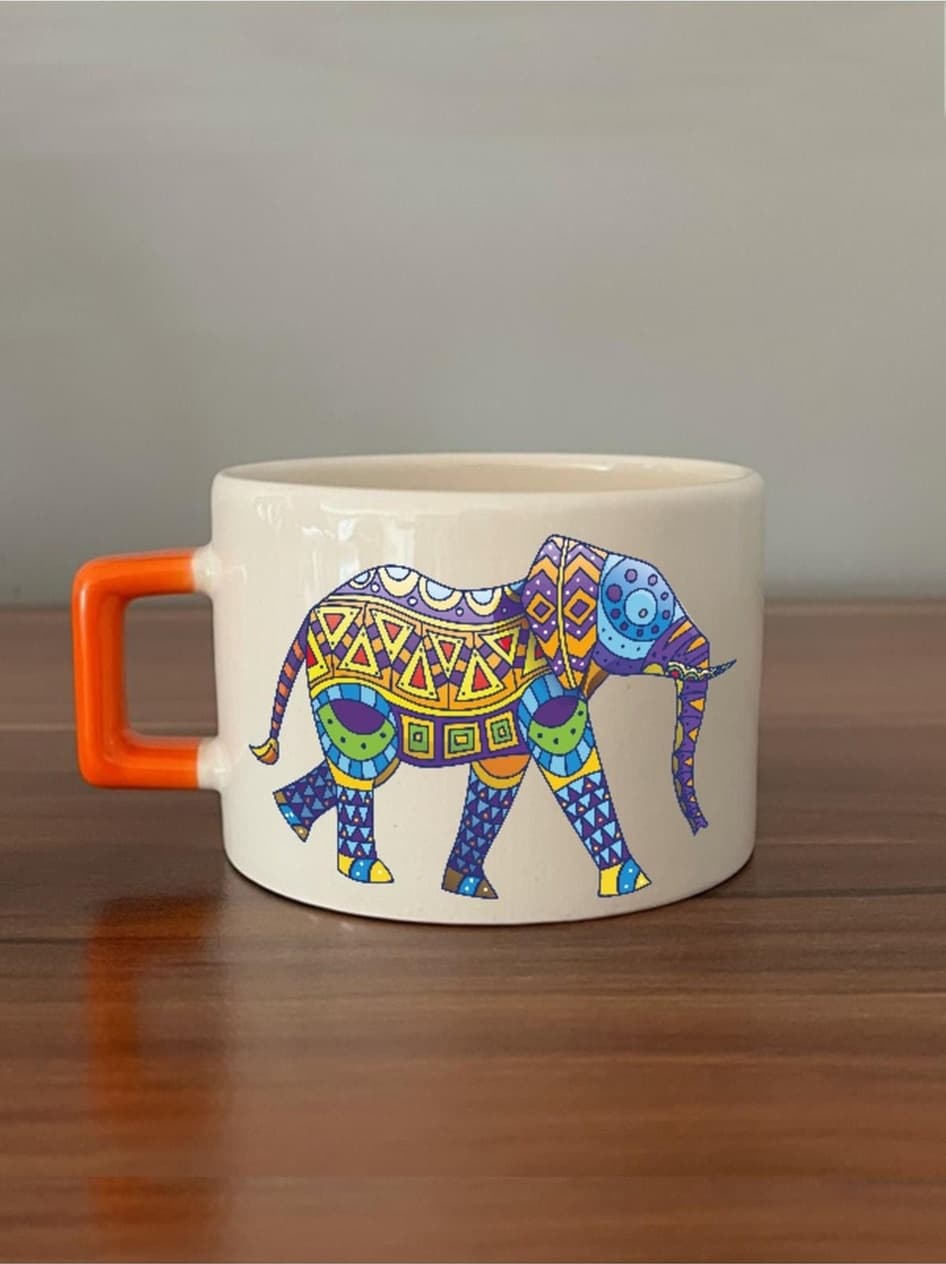 Mozaik Desenli Yürüyen Fil Turuncu Kulplu Kare Espresso Fincanı