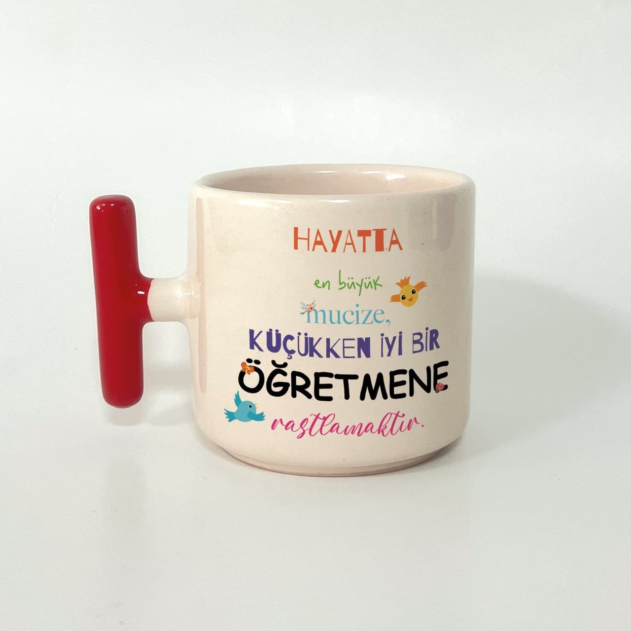 Renkli Kuş ve Kelebek Detaylı Hayatta En Büyük Mucize Öğretmenler Günü Kırmızı Kulplu T Kupa