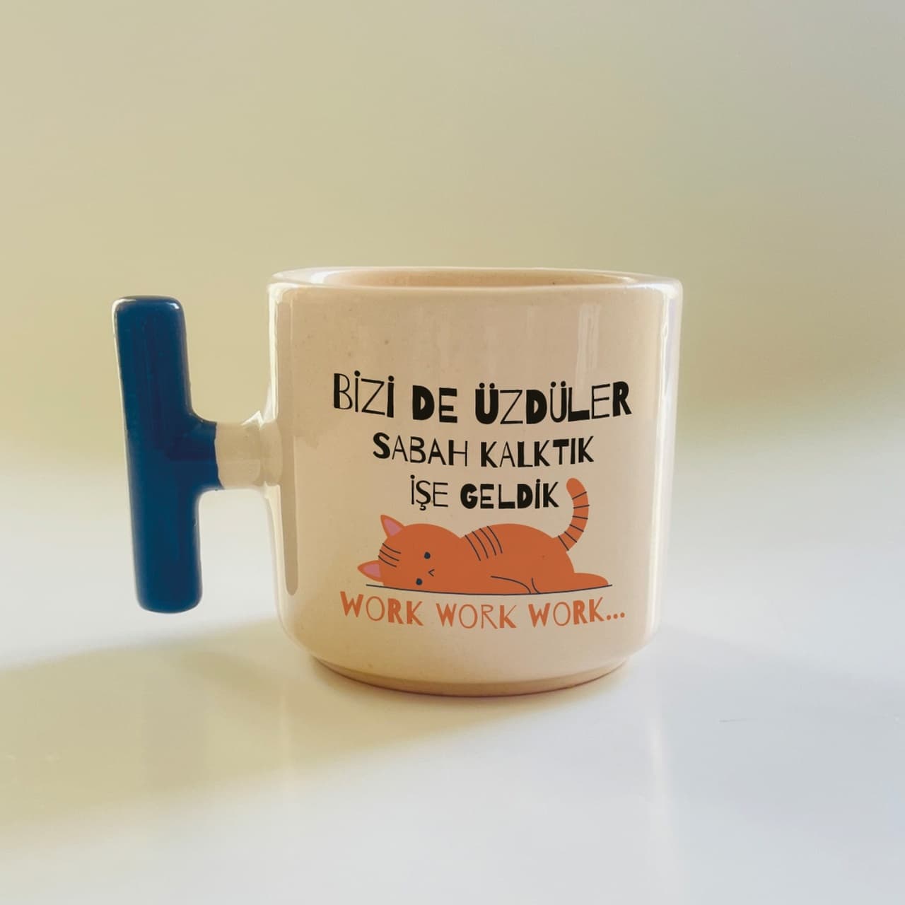 Bizi De Üzdüler Uykucu Kedi Desenli Mavi Kulplu Kupa