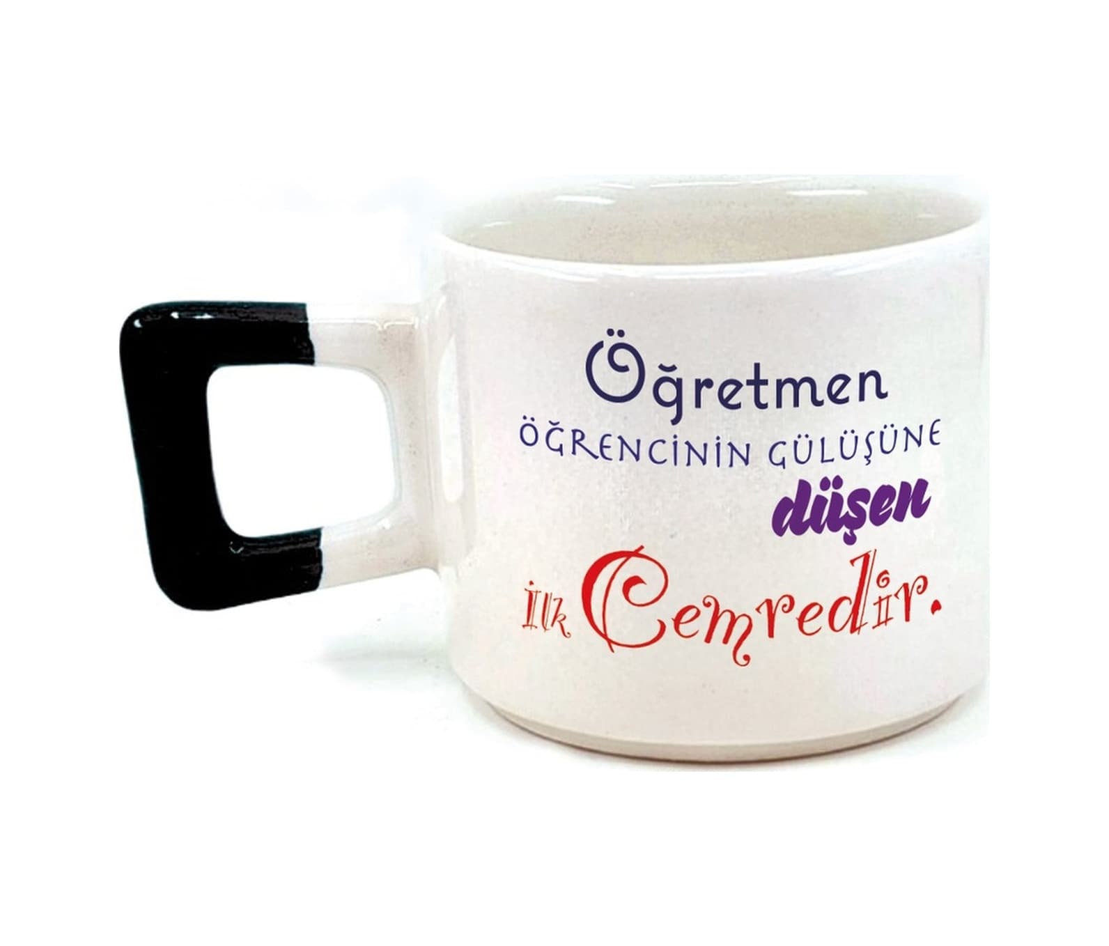 Öğretmen Öğrencinin Gülüşüne Düşen İlk Cemredir Baskılı Siyah Kulplu Kare Kupa
