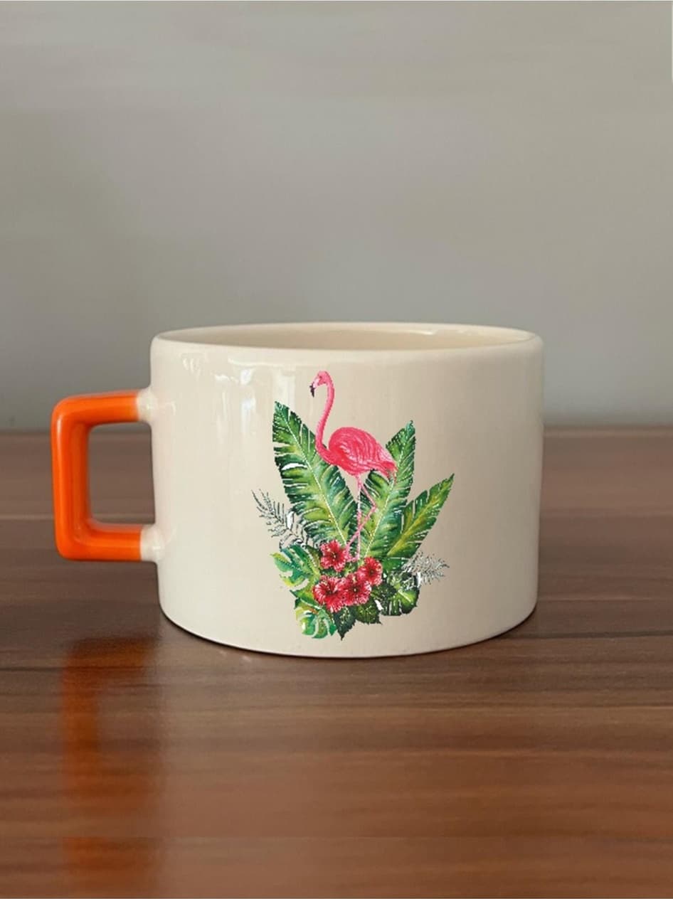 Flamingo Baskılı Turuncu Kulplu Kare Espresso Kupa-633