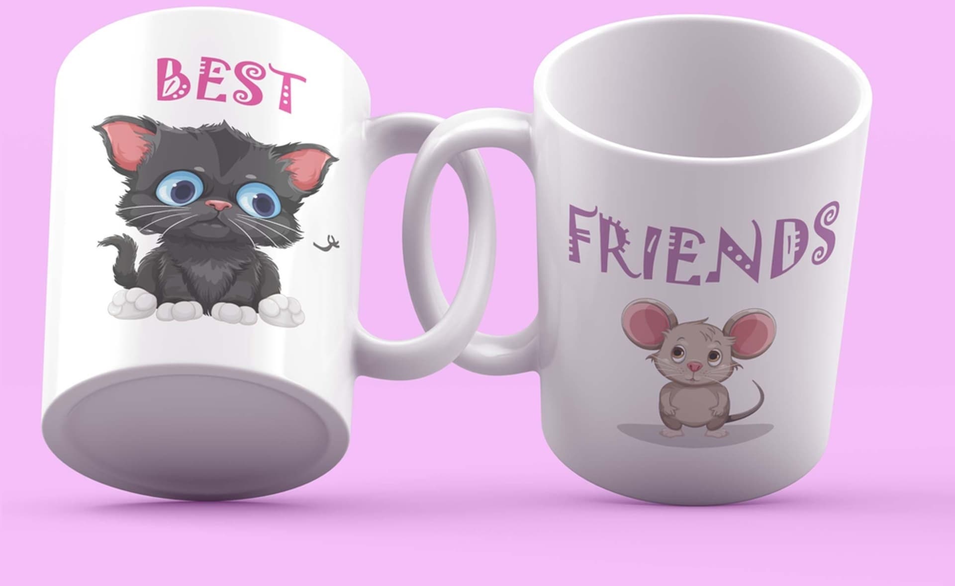 Mor Mürekkep Best Friends Kedi Fare Tasarım 2'li Kupa Seti