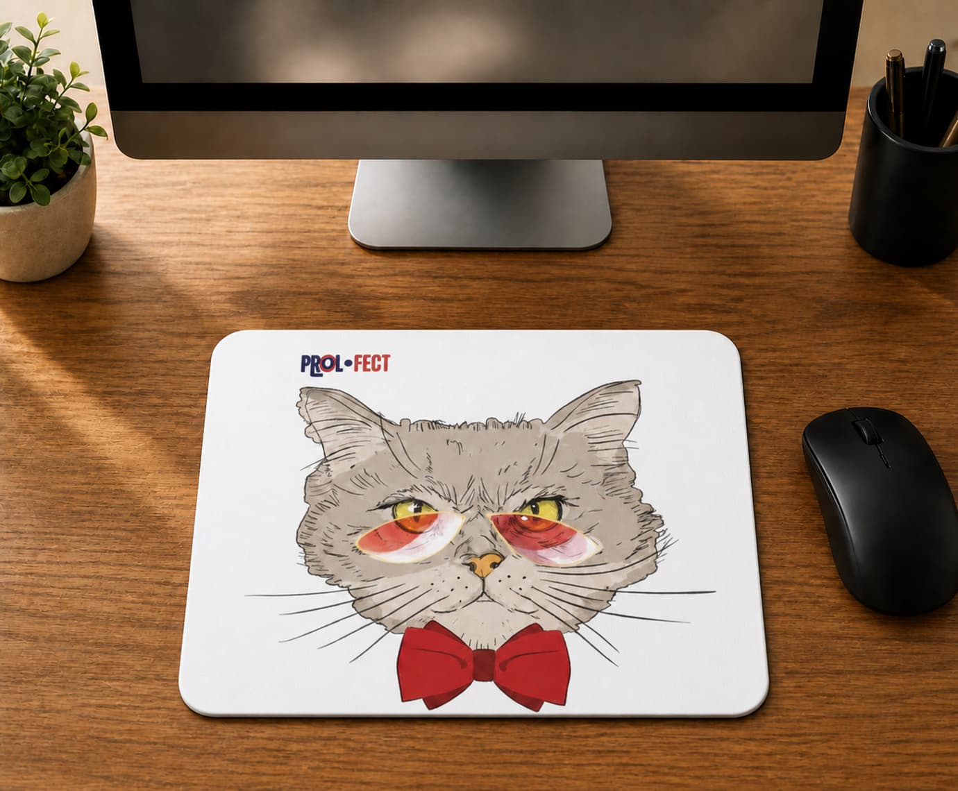 Gözlüklü Kırmızı Papyonlu Kedi Tasarım - BASKILI MOUSE PAD