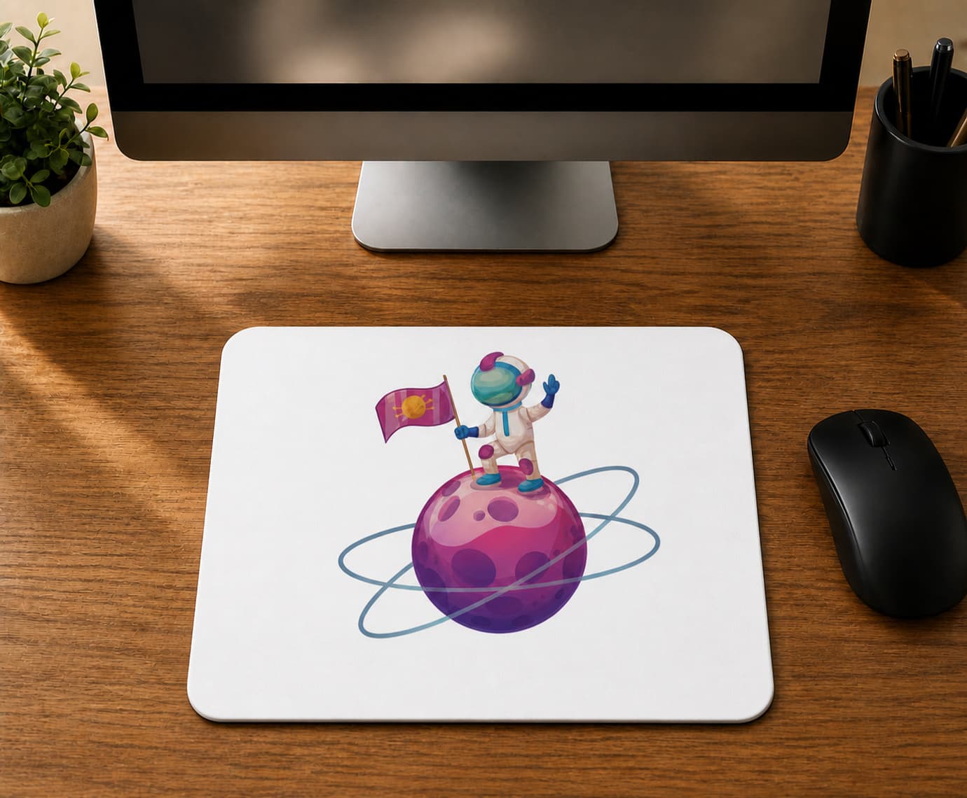 Pembe Bayraklı Astronot Tasarım - BASKILI MOUSE PAD