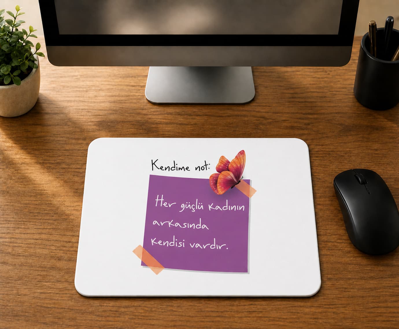 Kendime Not Her Güçlü Kadının Arkasında Kendisi Vardır Kelebekli Mor - BASKILI MOUSE PAD