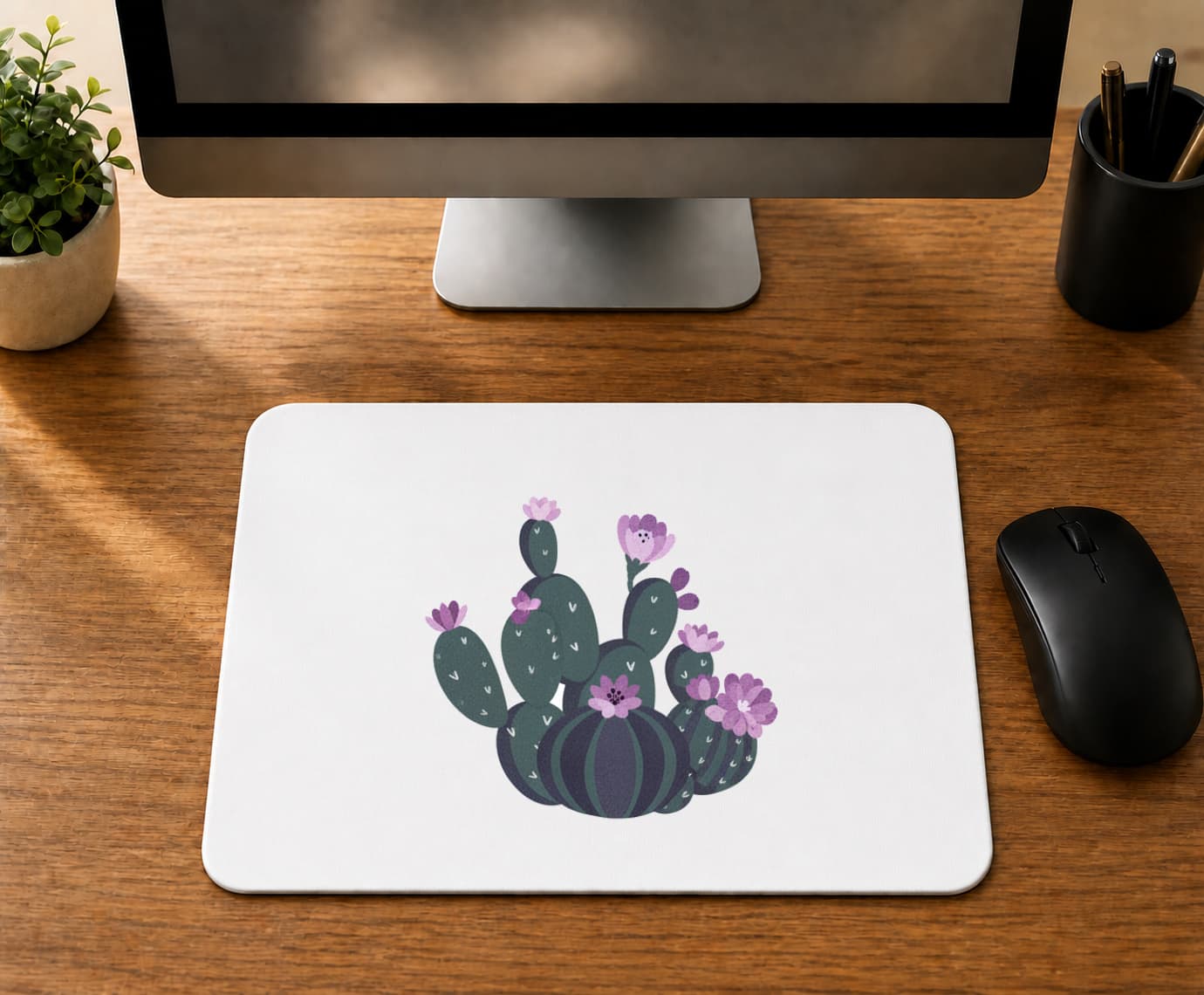 Mor Çiçekli Kaktüs Tasarım - BASKILI MOUSE PAD
