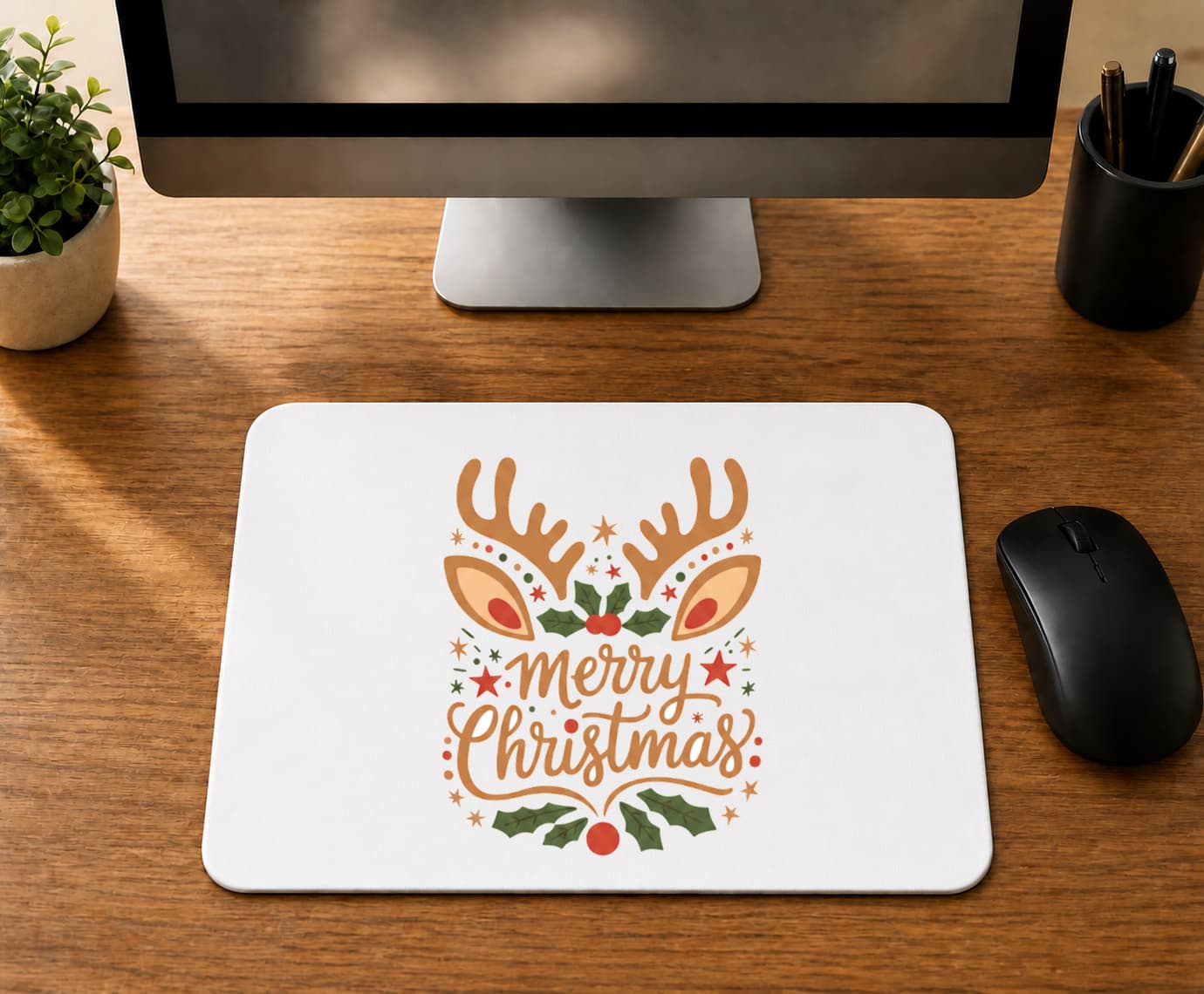 Merry Christmas Geyik Boynuzlu - BASKILI MOUSE PAD