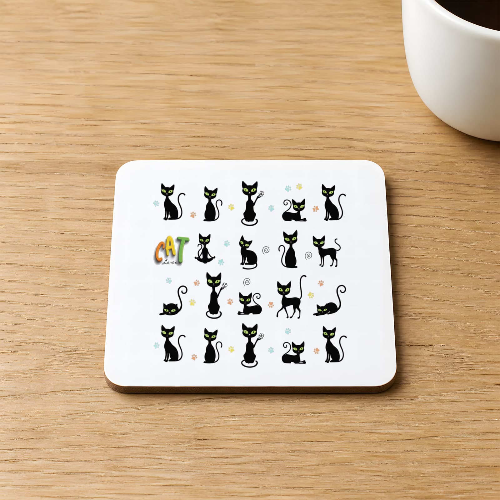 Cat Love Baskılı Kare MDF Bardak Altlığı
