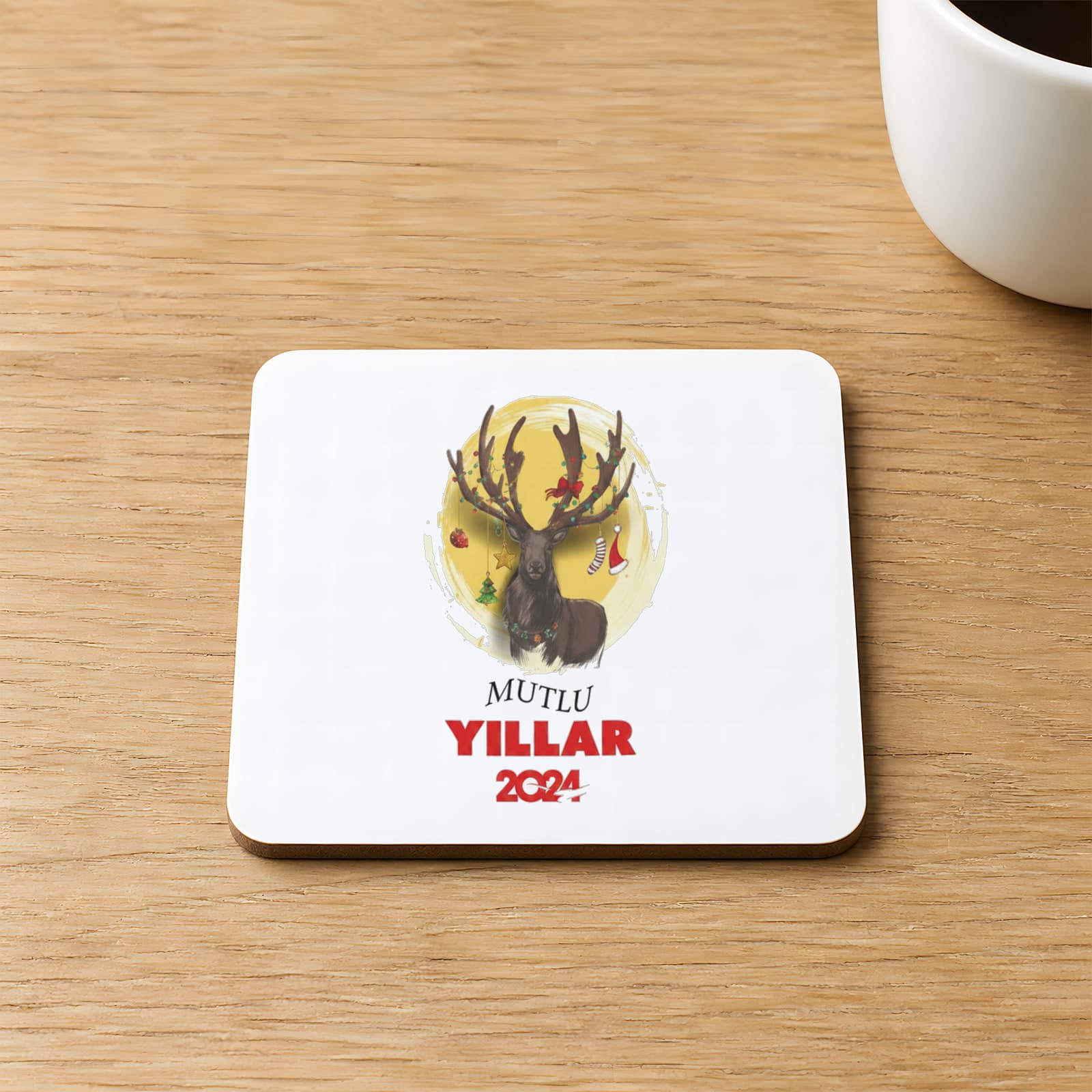 Mutlu Yıllar 2024 Geyik Baskılı Kare MDF Bardak Altlığı