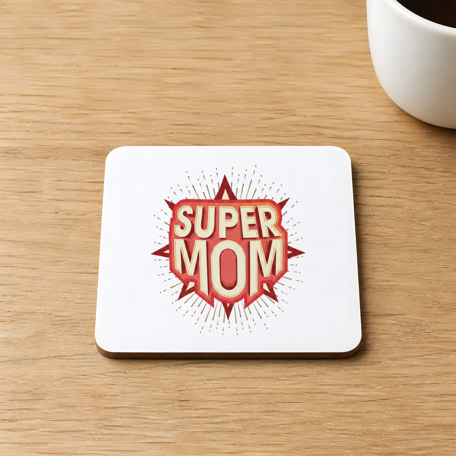 Süper Mom Kırmızı Baskılı Kare MDF Bardak Altlığı