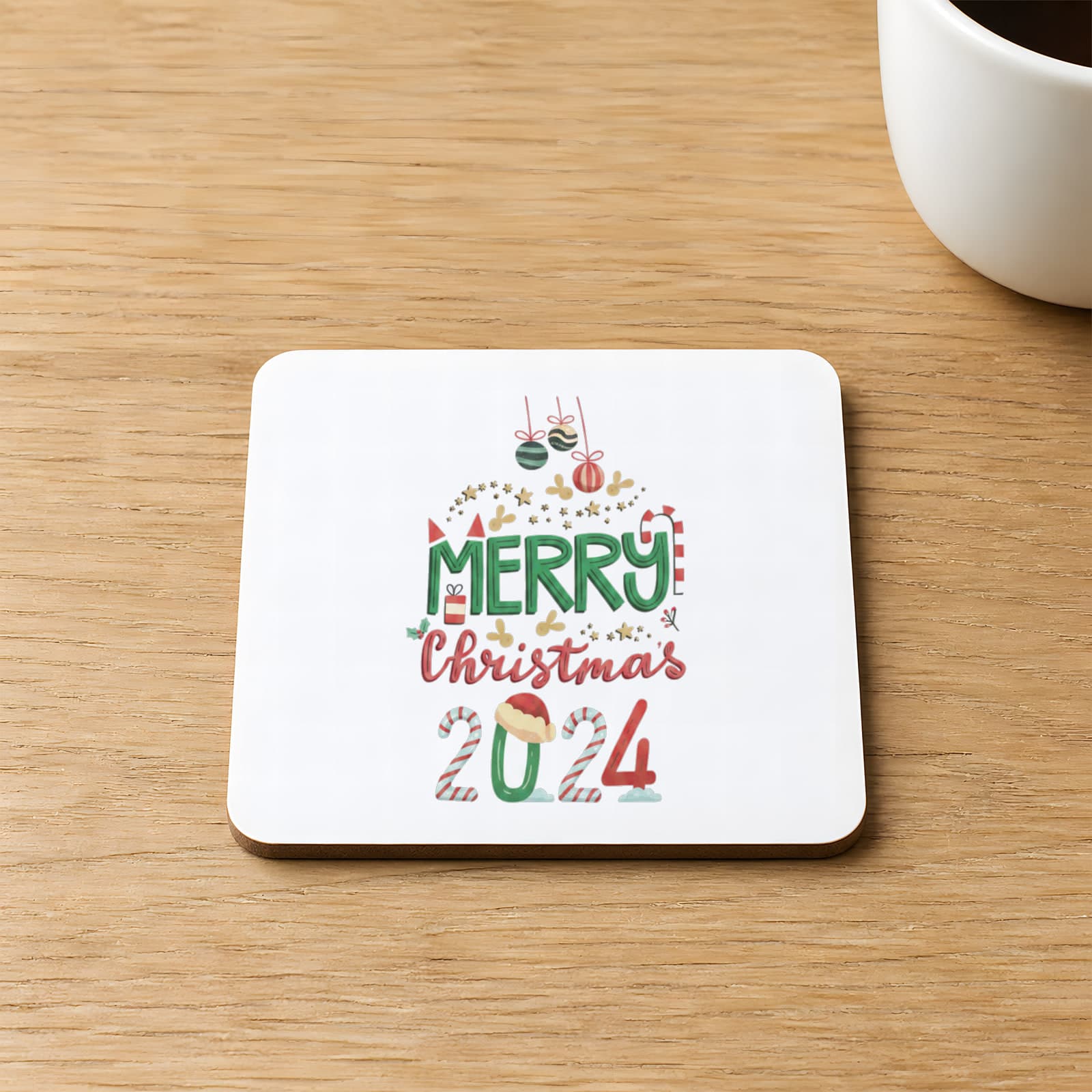 Merry Christmas 2024 Baskılı Kare MDF Bardak Altlığı