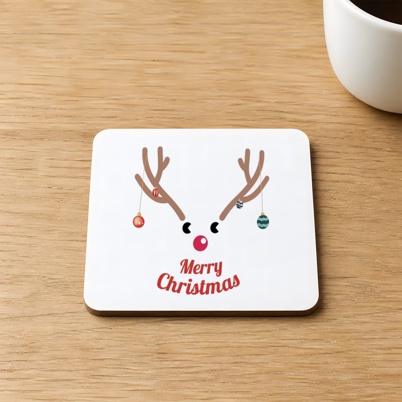 Merry Christmas Geyik Baskılı Kare MDF Bardak Altlığı