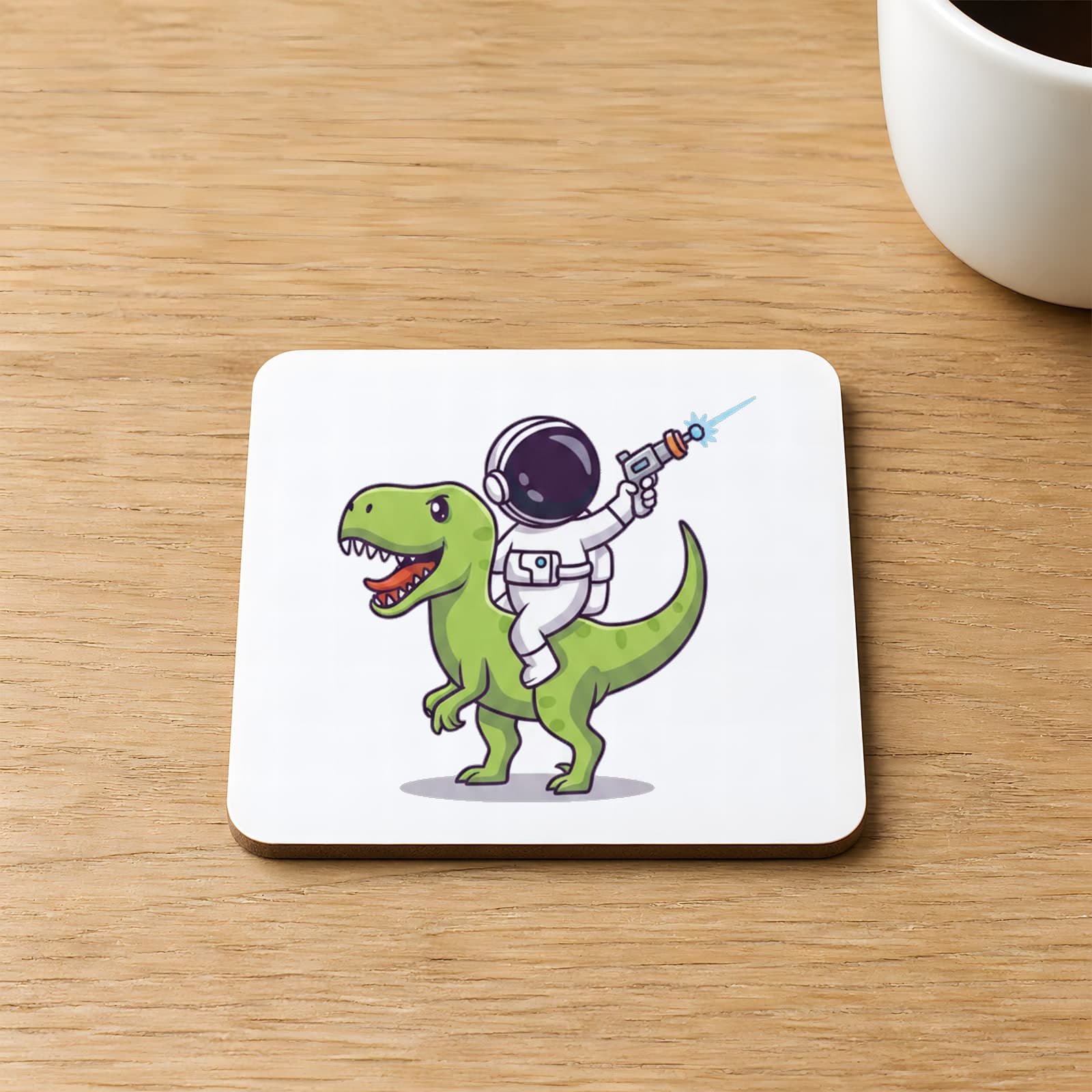 Dinazorlu Astronot Tasarım Baskılı Kare MDF Bardak Altlığı